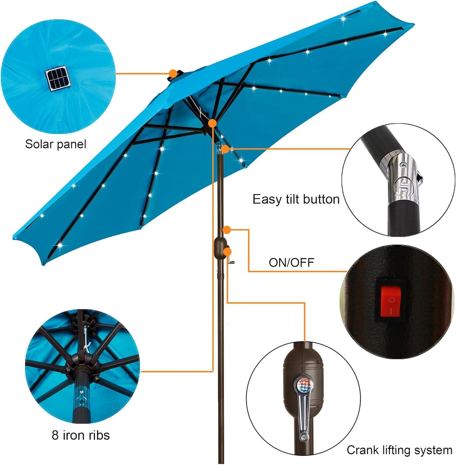 Light Blue 9 ft LED Lighted Market Beach Umbrella with Black Aluminum Pole