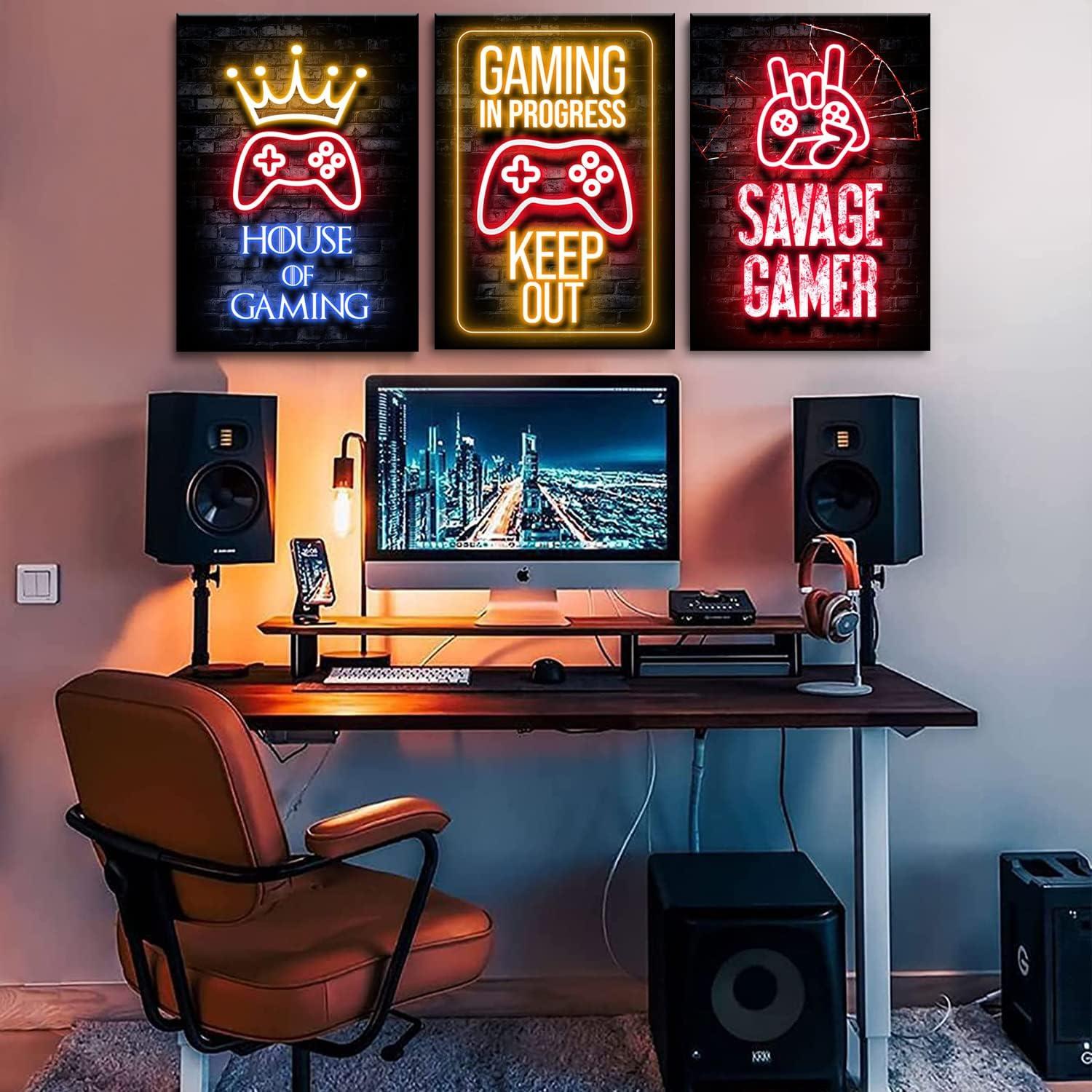 3 Pcs Framed Neon Gamer Symbol Canvas Wall Art Paintings Gaming Wall Decor Prints Pictures Posters Artwork for Kids Teenage Boys Game Room Playroom Bedroom Decoration Ready to hang Gifts for Gamers