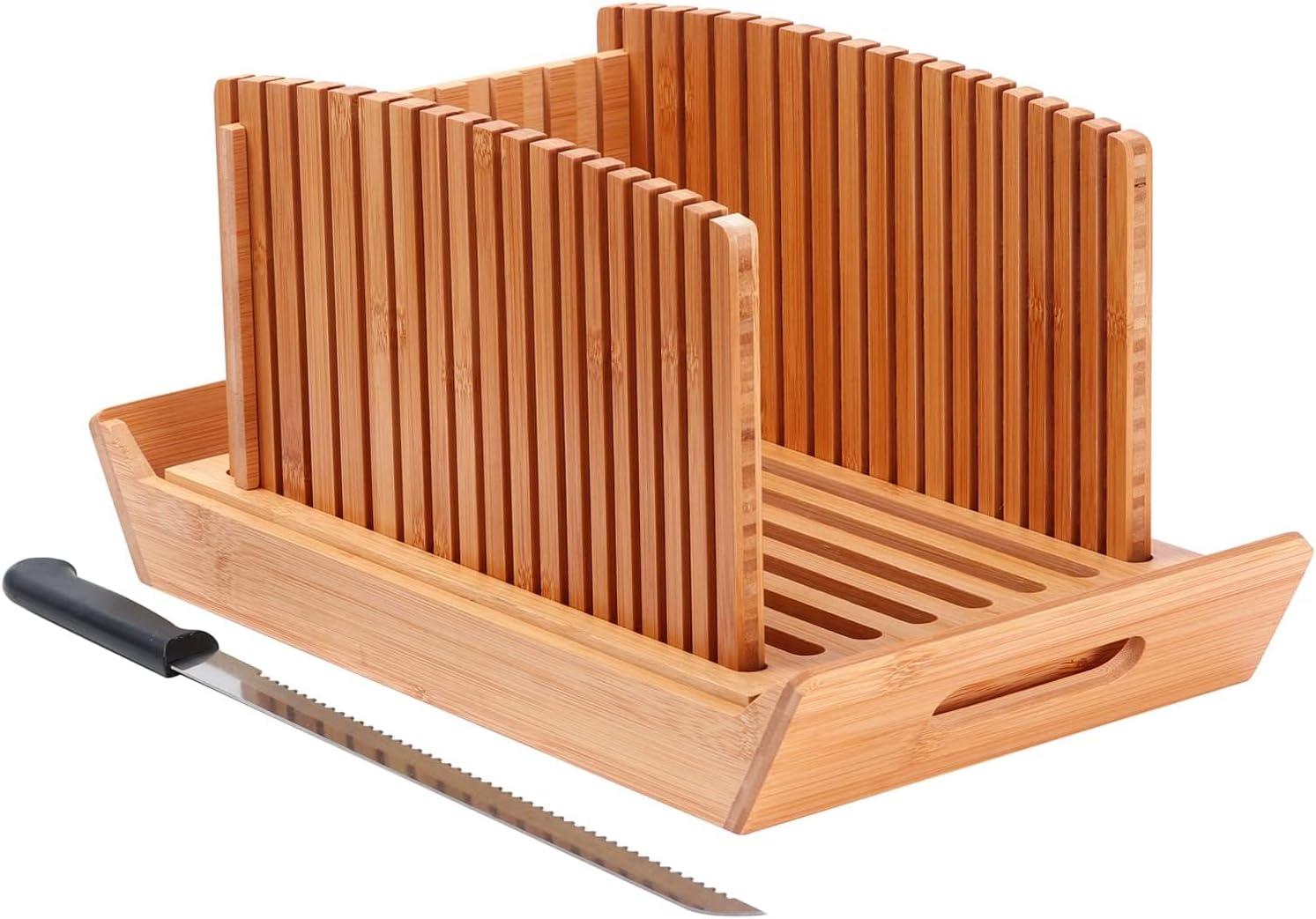 Premium Bamboo Bread Slicer for Homemade Bread, Crumb Catcher, Foldable and Compact Loaf Cutter 3 Size Slicing Guide