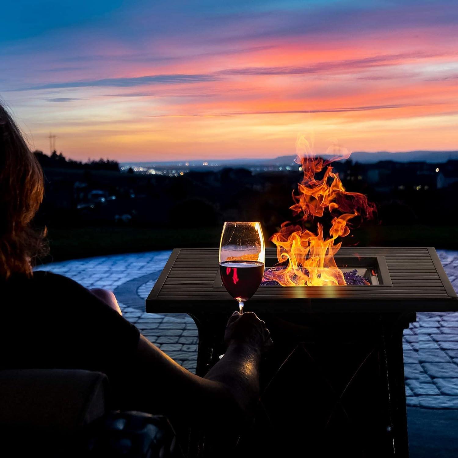 28 Inch Black Gas Fire Pit Table with Blue Glass