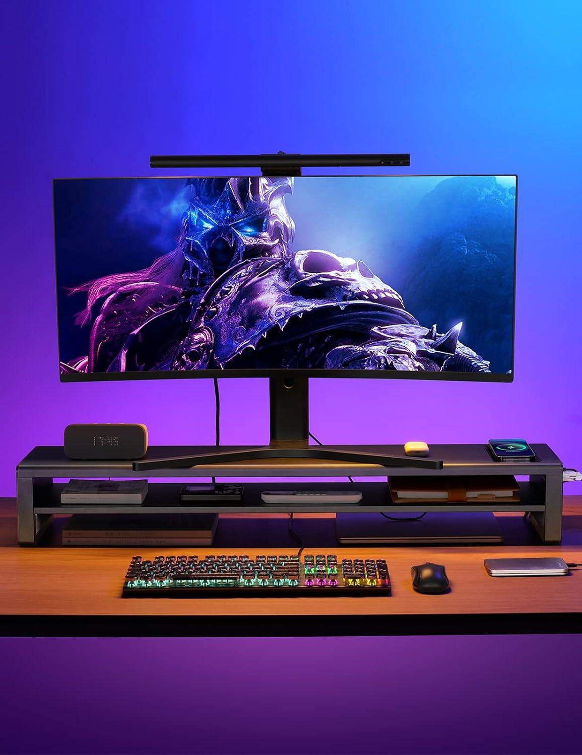 Black Metal Dual Monitor Stand with USB Ports and Storage