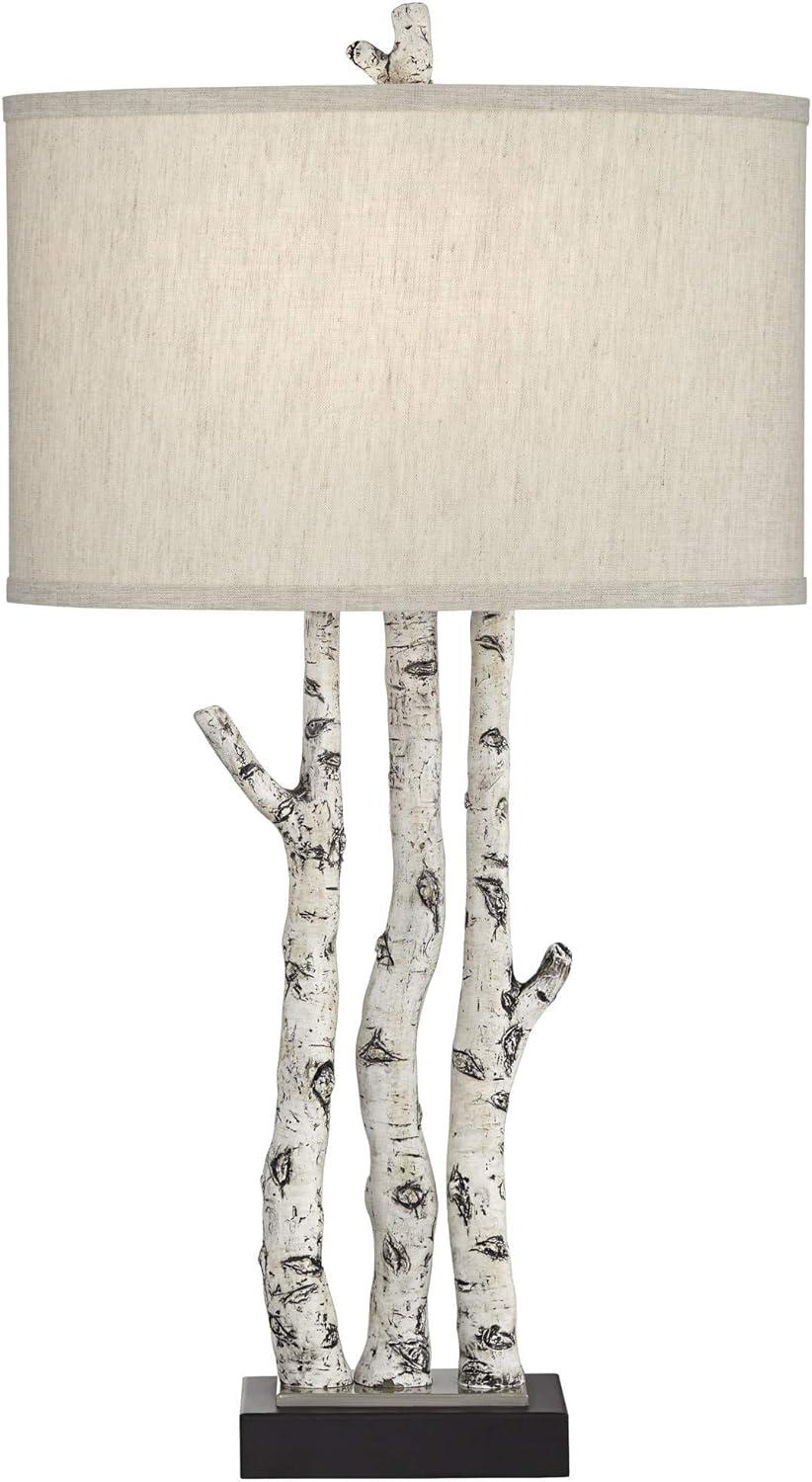 Rustic White Birch Branch Table Lamp with Gray Linen Shade