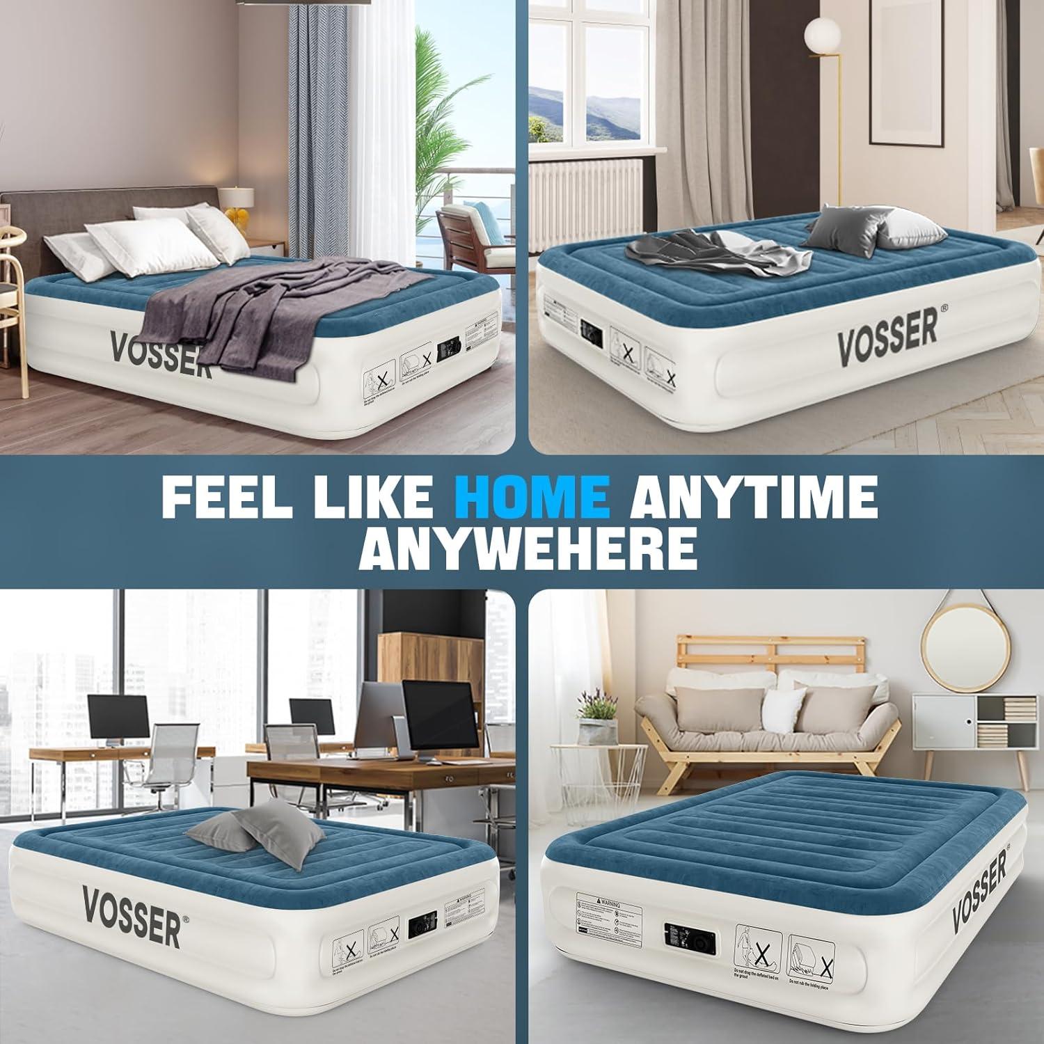 Queen Blue and White Raised Air Mattress with Built-in Pump