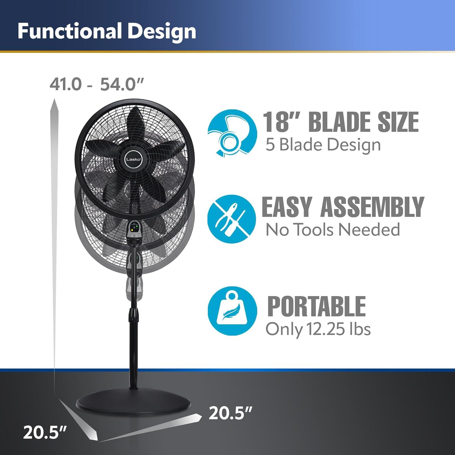 Lasko 54" Cyclone Oscillating 3-Speed Pedestal Fan with Remote and Timer, Black, 1843, New