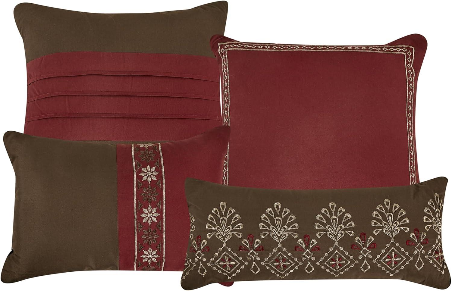 King Size 7 Piece Burgundy Brown Embroidery Soft Bedding Comforter Set