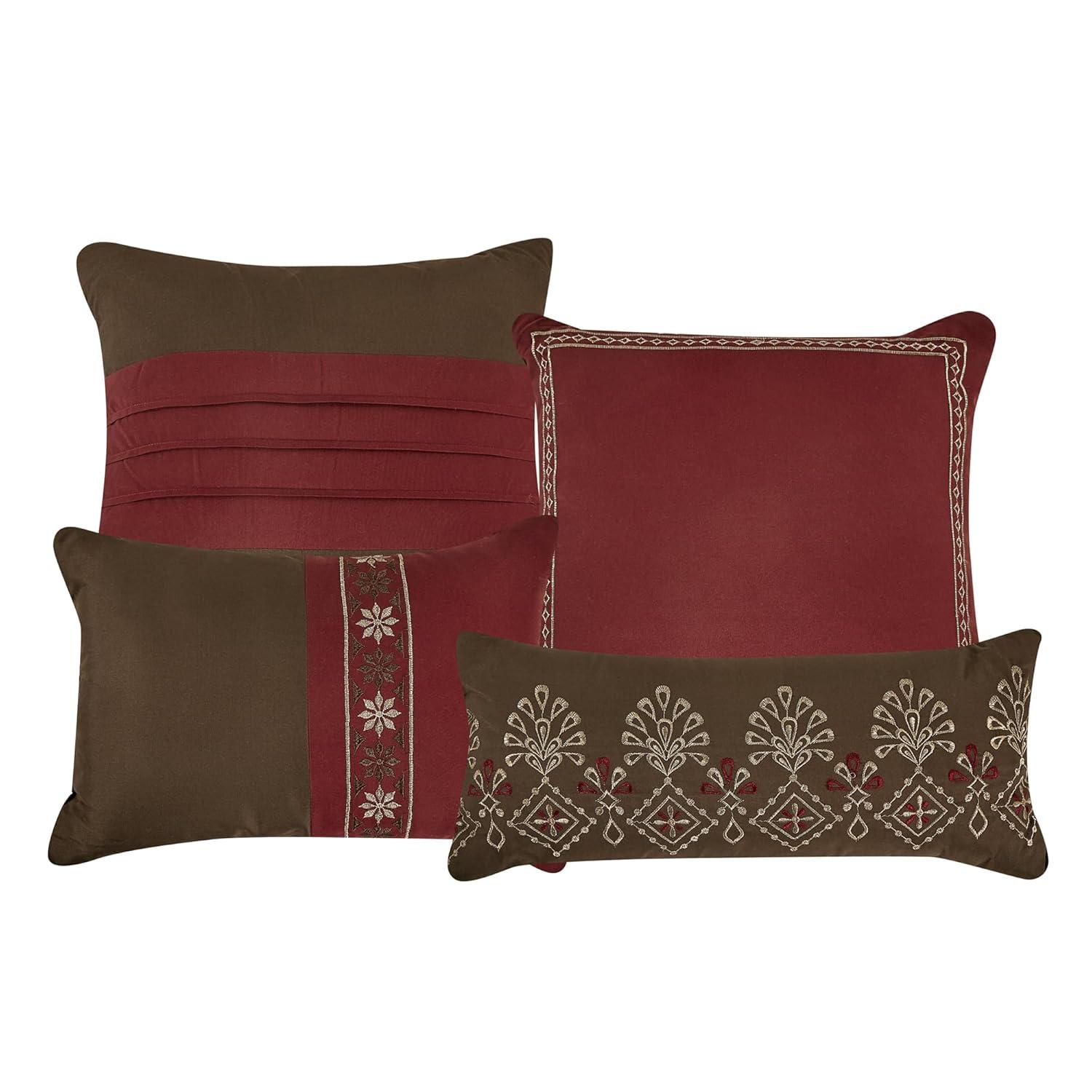 King Size 7 Piece Burgundy Brown Embroidery Soft Bedding Comforter Set