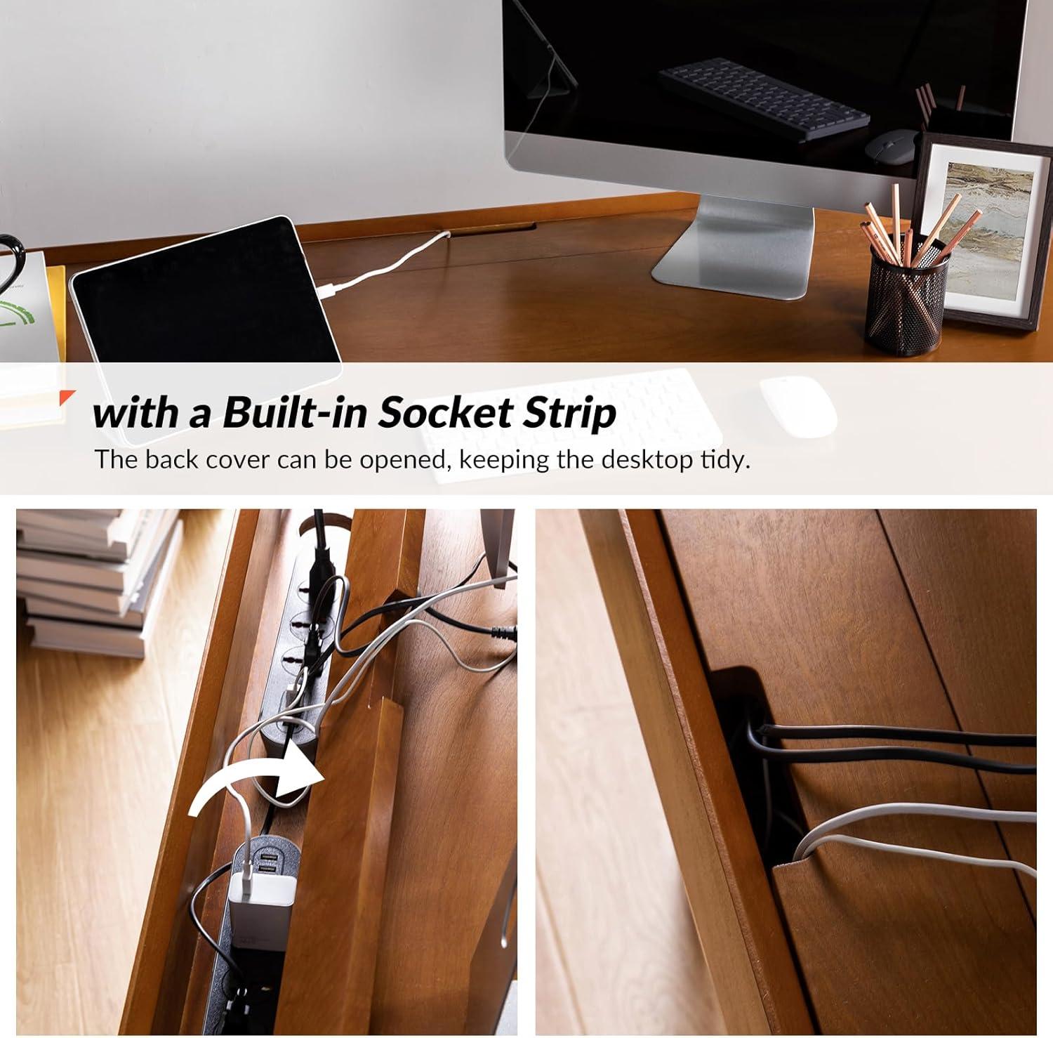 Walnut Mid-Century Modern Desk with Acorn Rubber Wood Legs and Power Outlet