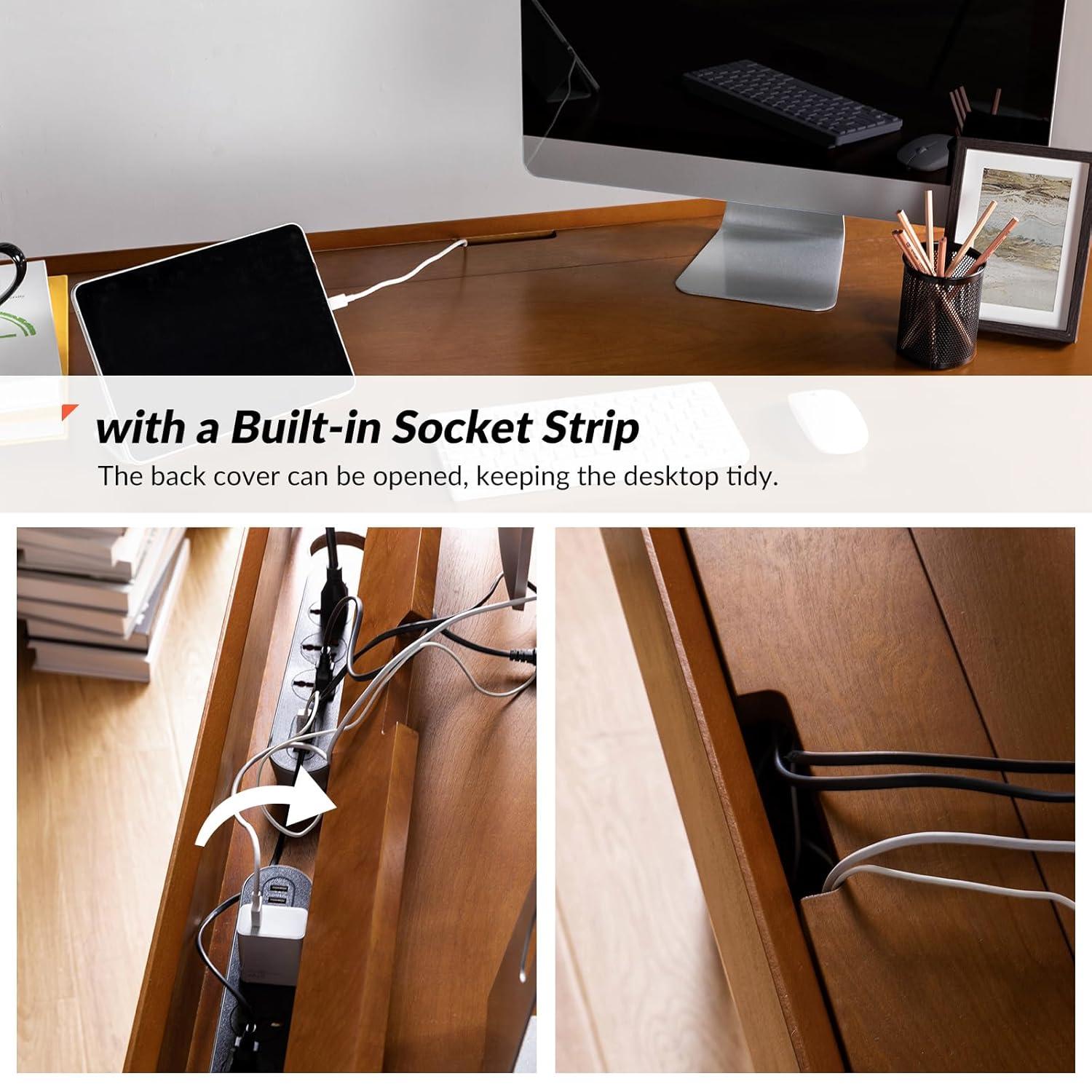 Walnut Mid-Century Modern Desk with Acorn Rubber Wood Legs and Power Outlet