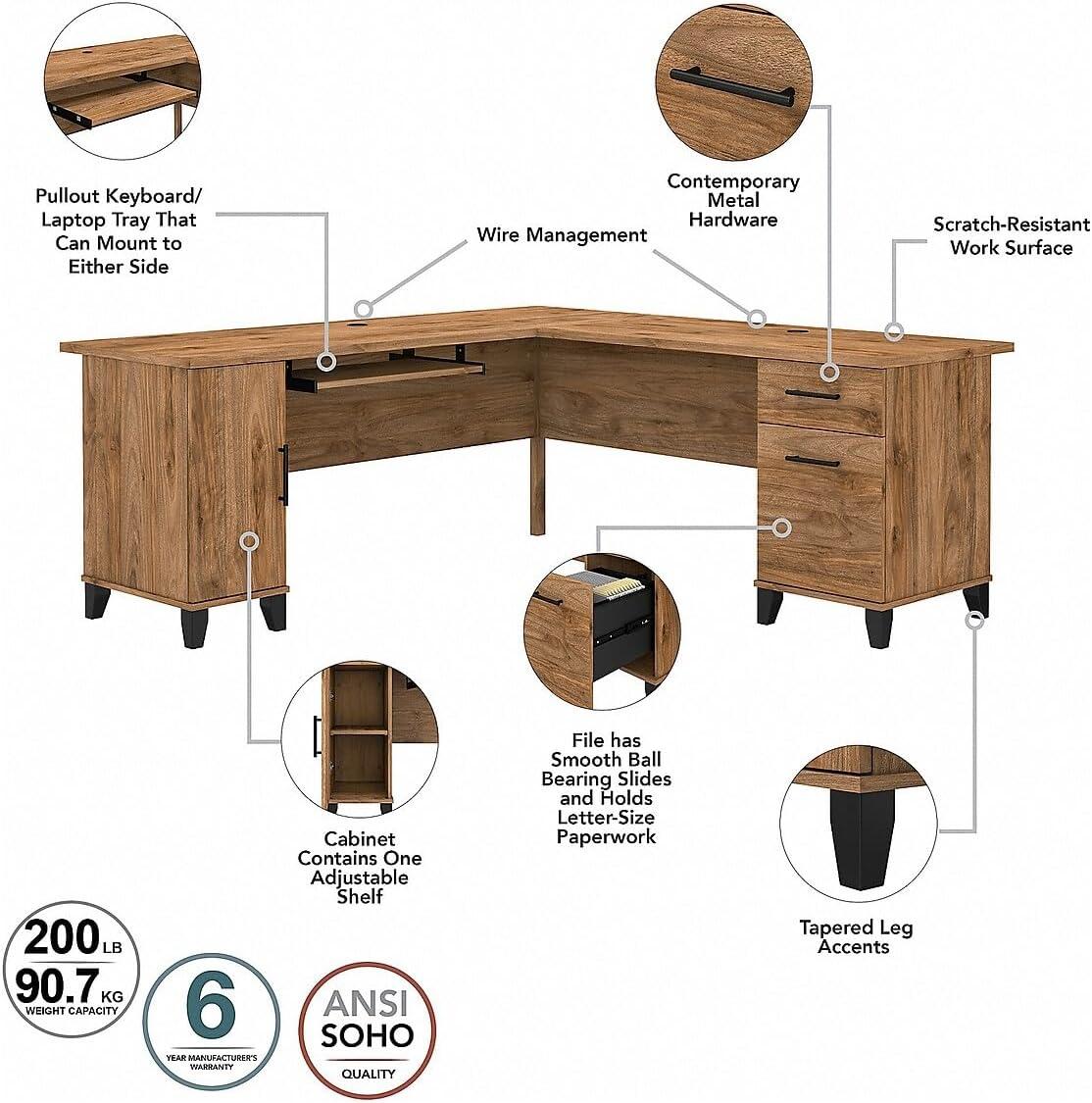 Bush Furniture Somerset 72" L Desk and Hutch with Storage, Fresh Walnut