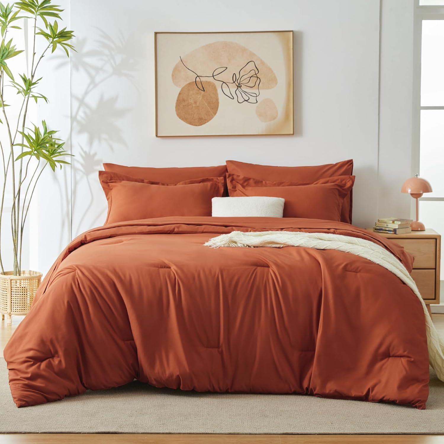 Cozy Comfort Burnt Orange Comforter Set Queen Size, 7 Pieces Soft Comforter for Queen Size Bed with Sheets, Pillowcases & Shams, All Season Boho, Contrasting Design