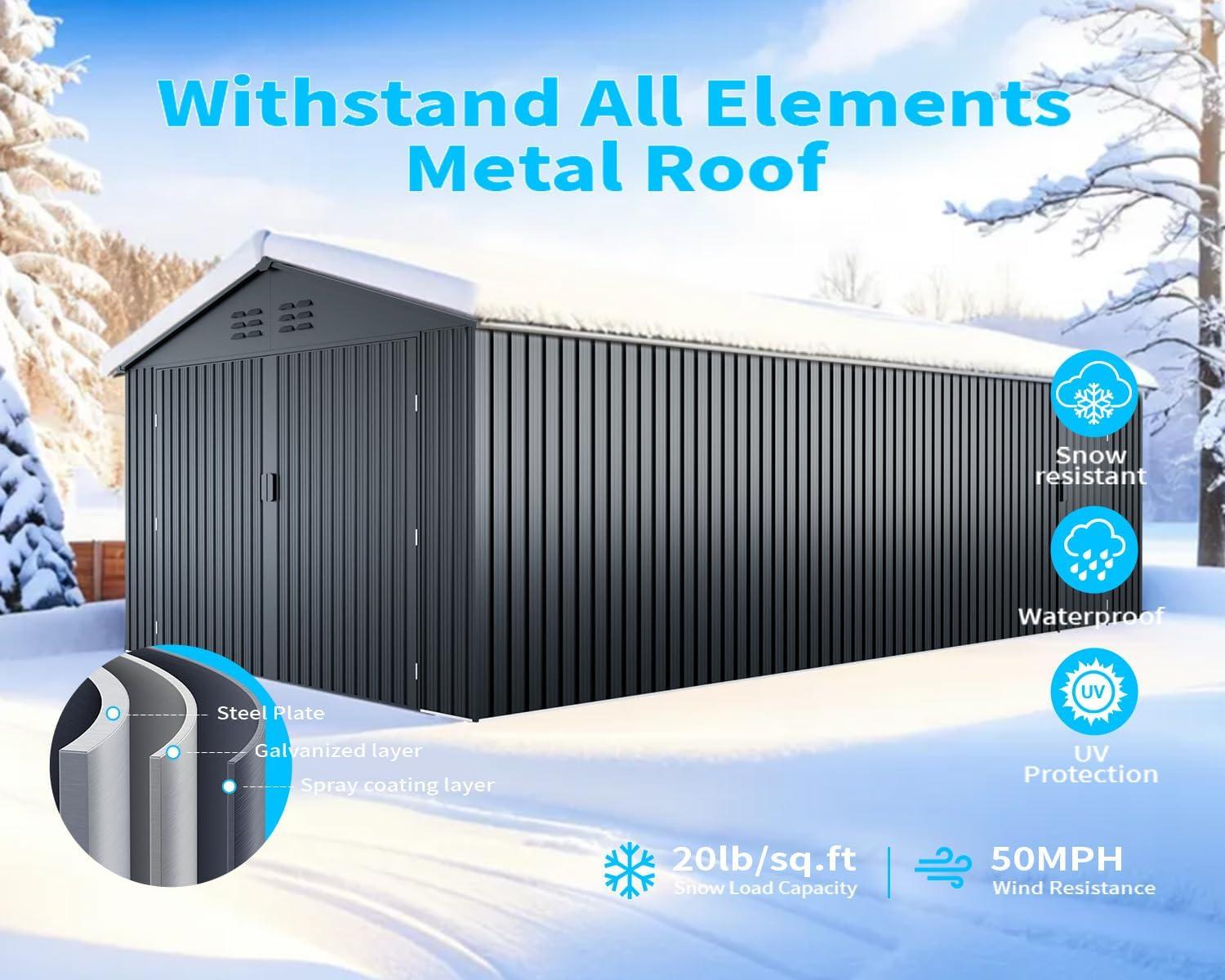 20 x 10 FT Outdoor Storage Shed, Large Metal Garden Shed with 2 Lockable Doors, Tool Shed Outdoor Storage with 4 Air Vents, Garage Shed Waterproof for Car, Truck, Bike, Garbage Can, Tool, Dark Gray