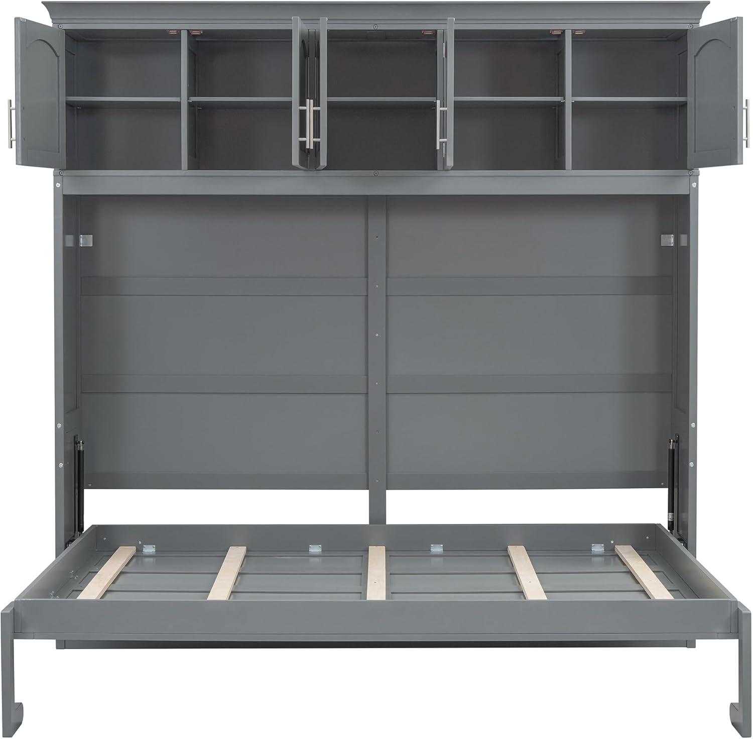 Gray Queen Size Murphy Bed with Storage Cabinets