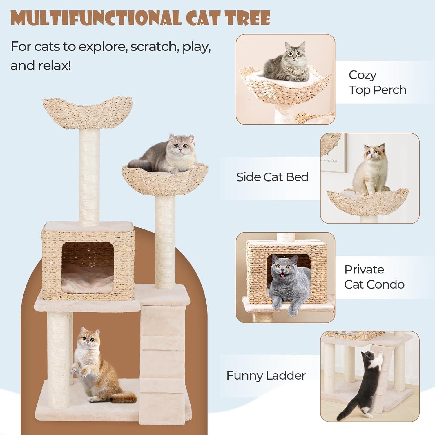 Giantex Wooden Cat Tree, 48 inches Cat Tower with Cattail Condo, Cat Bed, Hammock, Rotatable Jingling Balls, Natural Sisal Scratching Posts, Removable Cushion, Multi-Level Kitten Activity Center