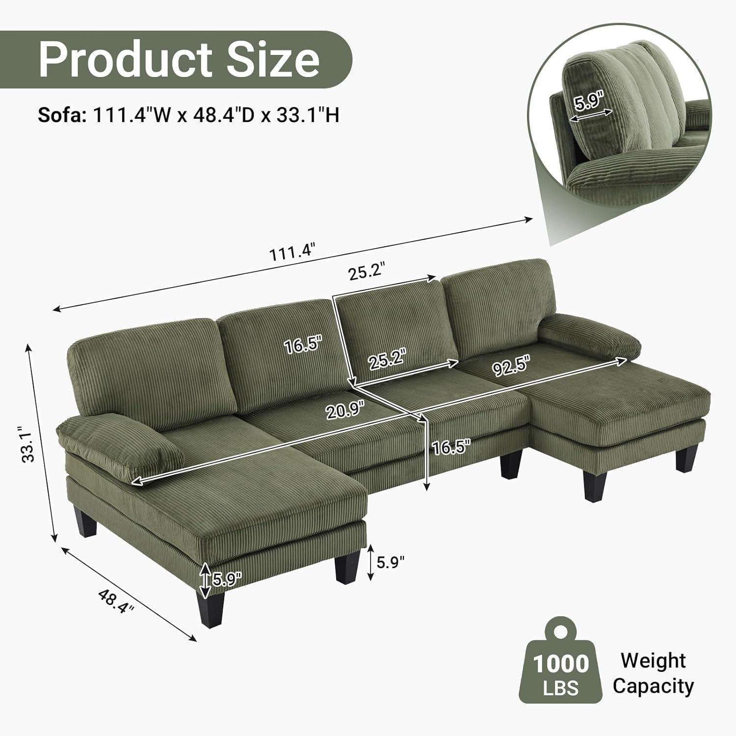 Ktaxon U-Shaped Sectional Sofa, 111"  Corduroy Couch, 4 Seat Lounge Sleeper with Double Chaise for Living Room Green