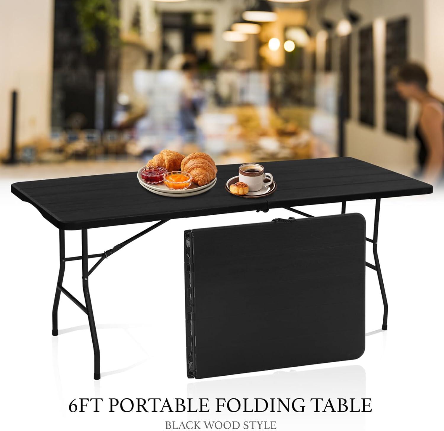 6ft Folding Table, Portable Plastic Table for Camping, Picnics, Parties, High Load Bearing Foldable Table Black