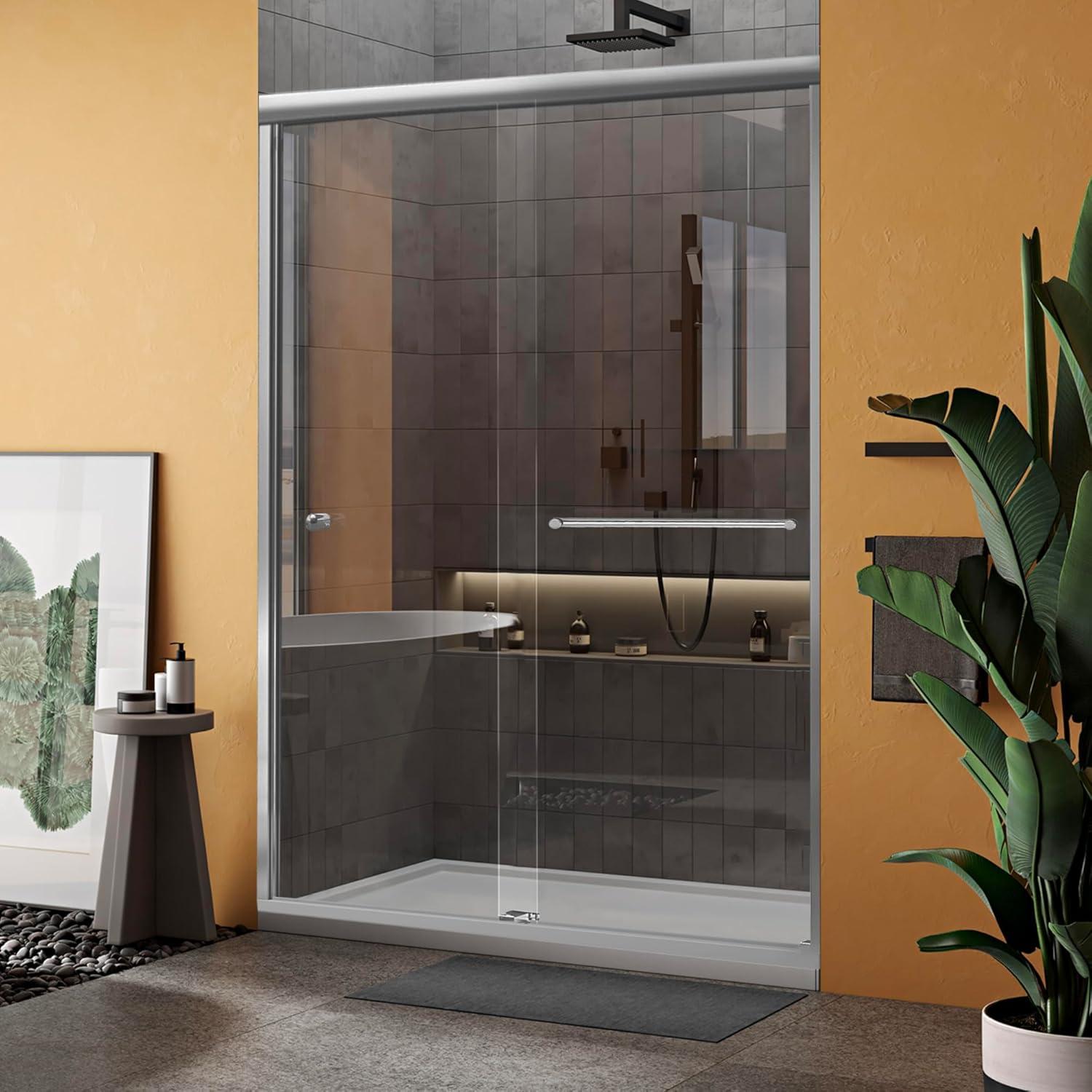 44"- 48" W, 75" H Double Sliding Semi-Frameless with Fixed Glass Panel 48" W x 75" H Shower Door