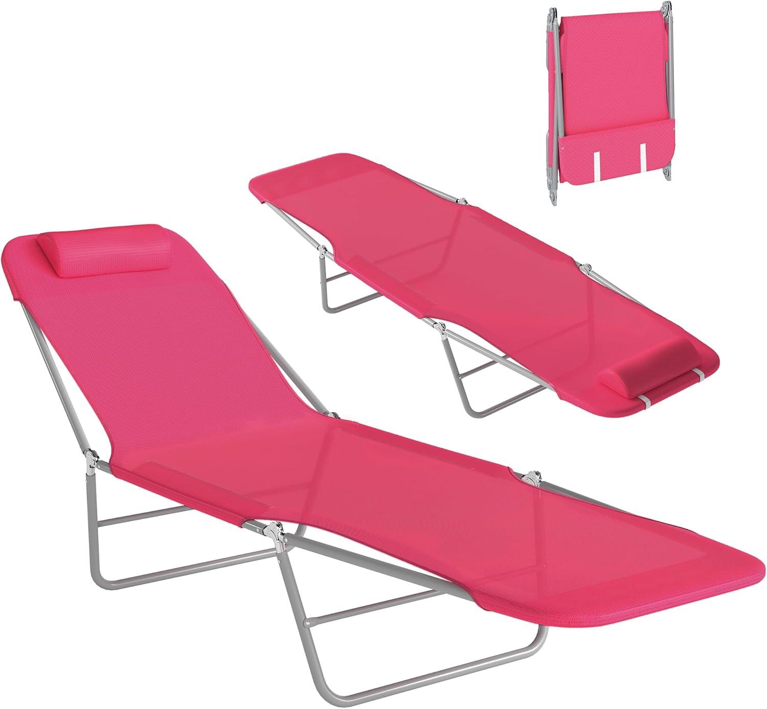 Outsunny Foldable Outdoor Chaise Lounge Chair, 5-Level Reclining Camping Tanning Chair with Breathable Mesh Fabric and Headrest, Pink