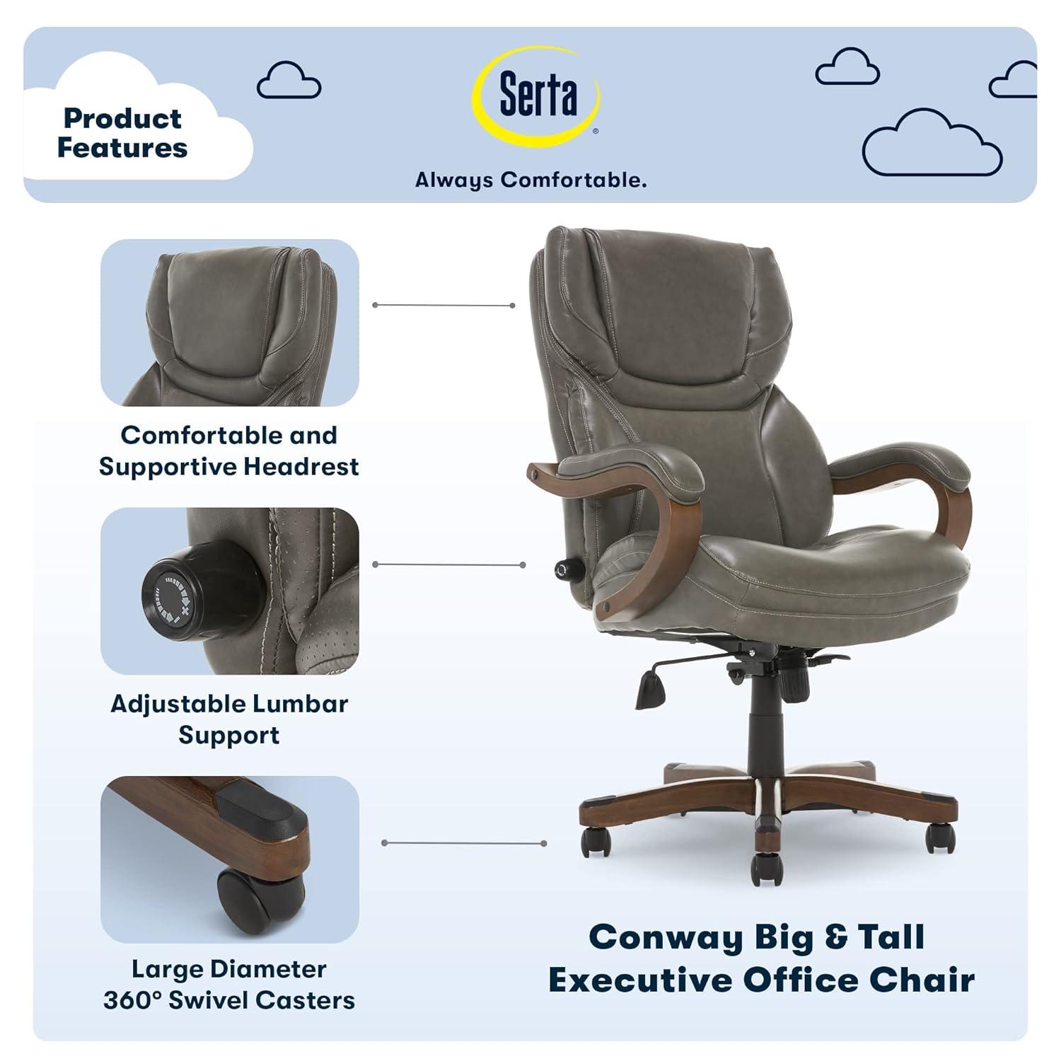Big and Tall Executive Office Chair with Upgraded Wood Accents Mindset Gray - Serta: Bonded Leather, 350lb Capacity