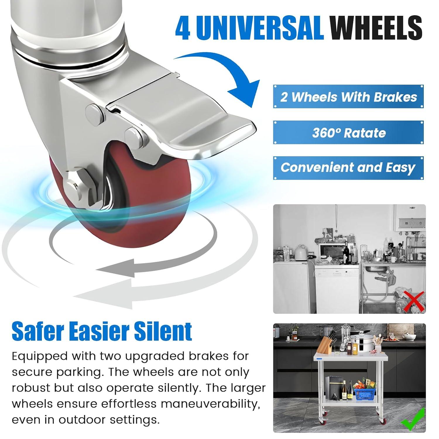 24 x 18 Inch Stainless Steel Movable Table Cart with Adjustable Under Shelf - NSF Certified