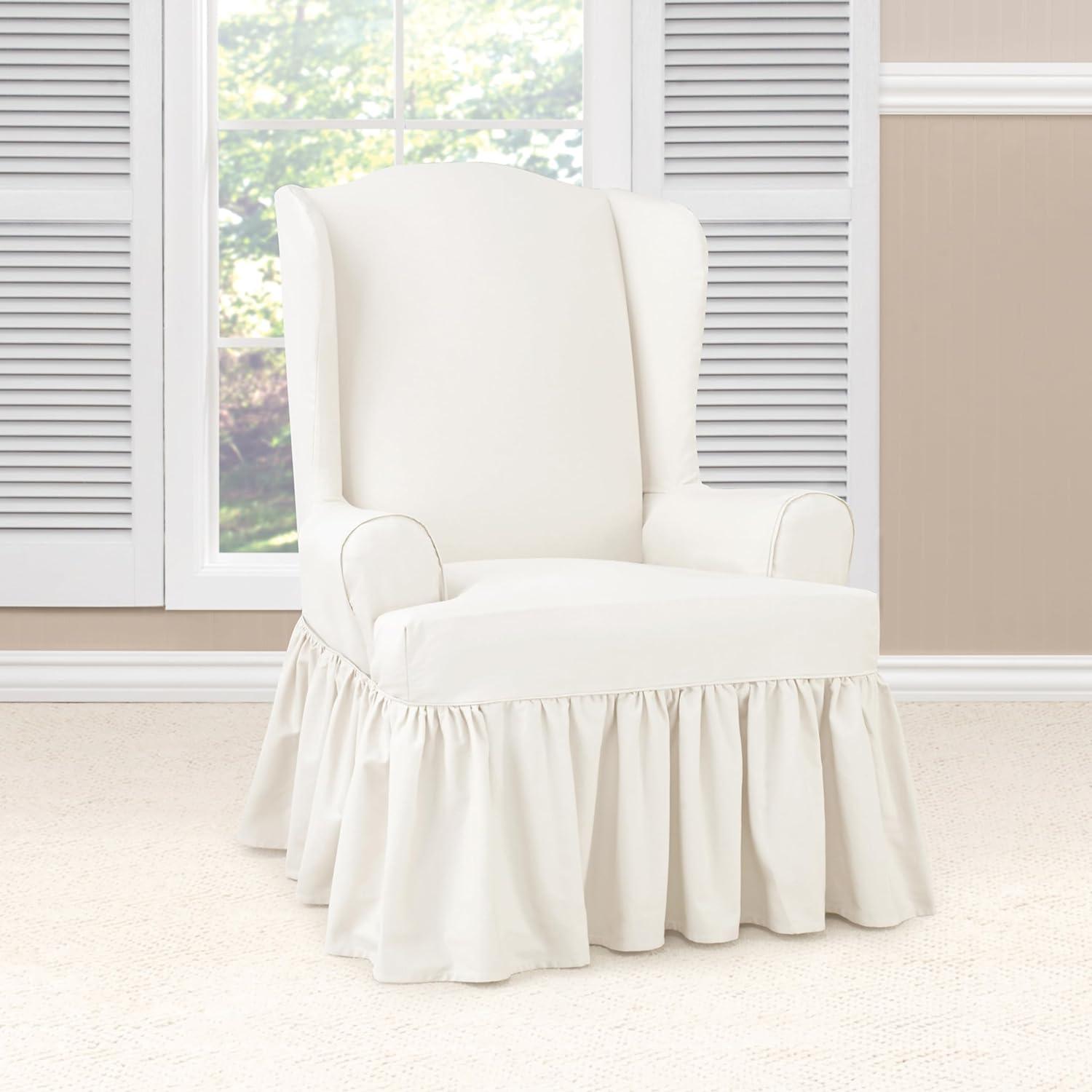 Classic White Cotton Twill T-Cushion Wingback Chair Slipcover