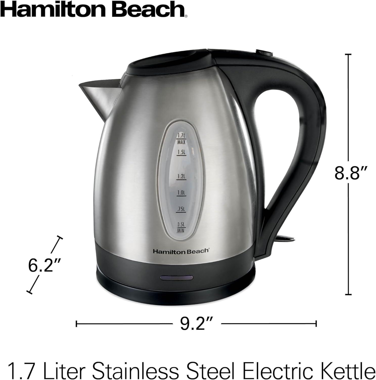 Hamilton Beach 1.7L StainSteel Kettle 40880: 1500W Electric Tea Kettle, Silver, Plastic Handle & Lid, 1 Year Warranty