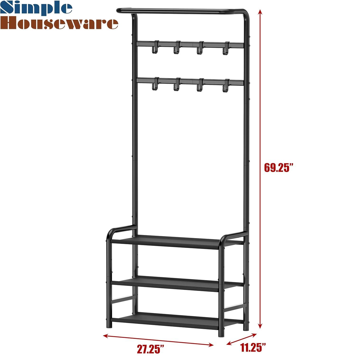 Simple Houseware Coat Rack with Storage Shelf and Shoe Rack for Entryway, Black