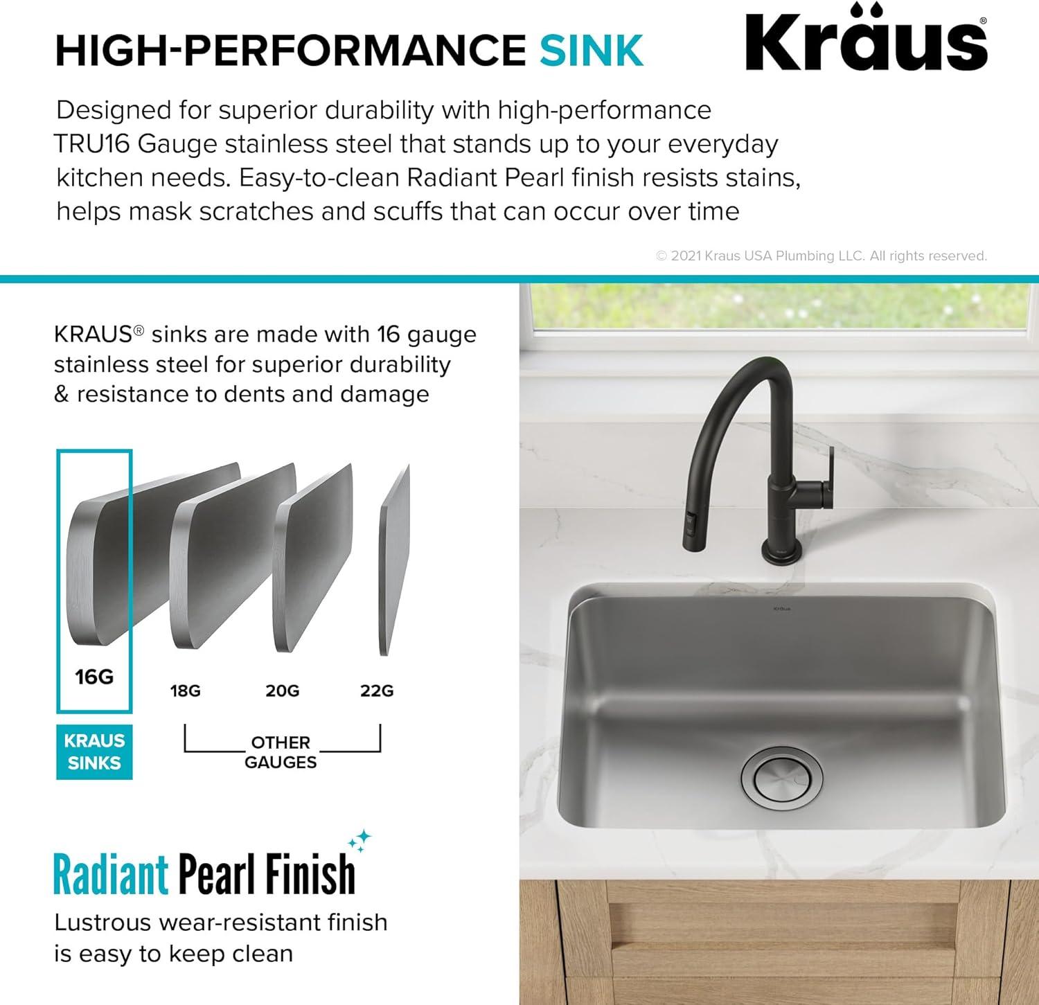 Dex™️ Series KRAUS 25" L Undermount 16 Gauge Stainless Steel Single Bowl Kitchen Sink