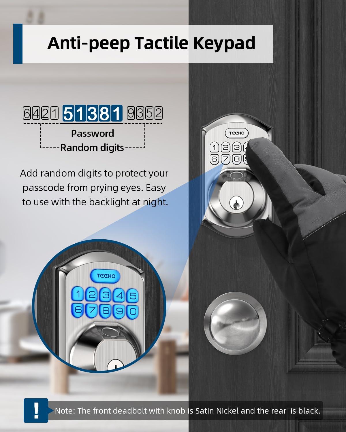 TEEHO Fingerpint Keyless Entry Keypad, Smart Digital Deadbolt Door Lock for Front Door, Remotely Share Temporary PIN Code, Easy Installation-Satin Nickel