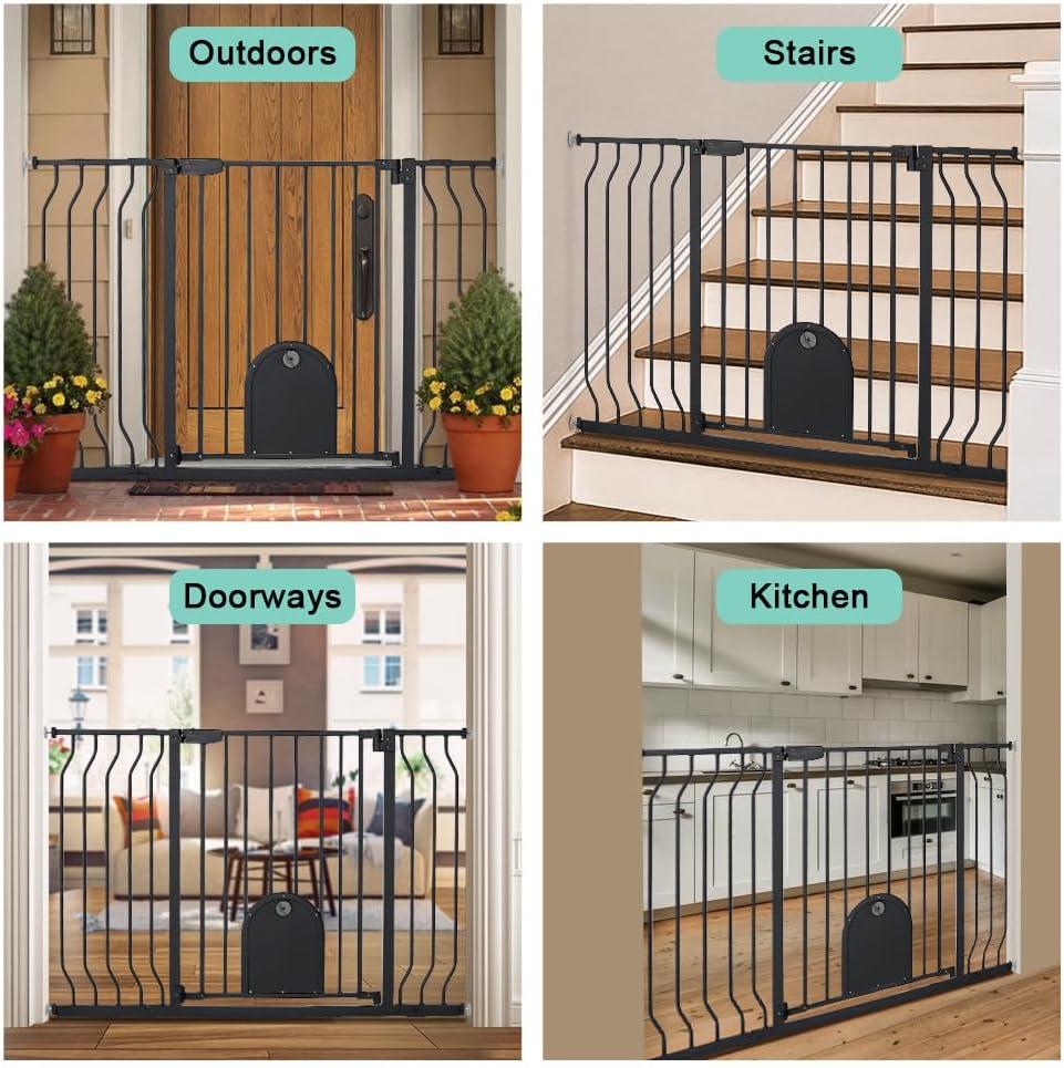 Caveen 29.5-48.4" Wide Pet Safety Gate with Cat Door Pressure Mount, Black