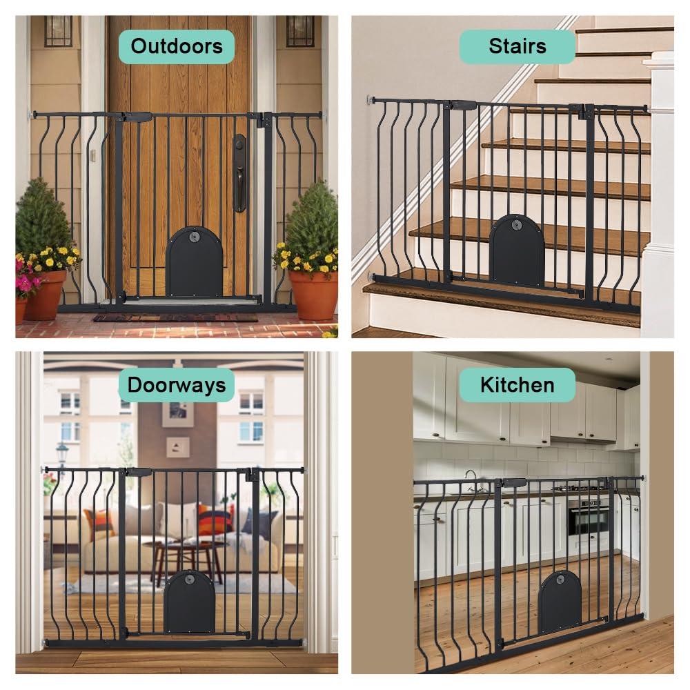 Caveen 29.5-48.4" Wide Pet Safety Gate with Cat Door Pressure Mount, Black