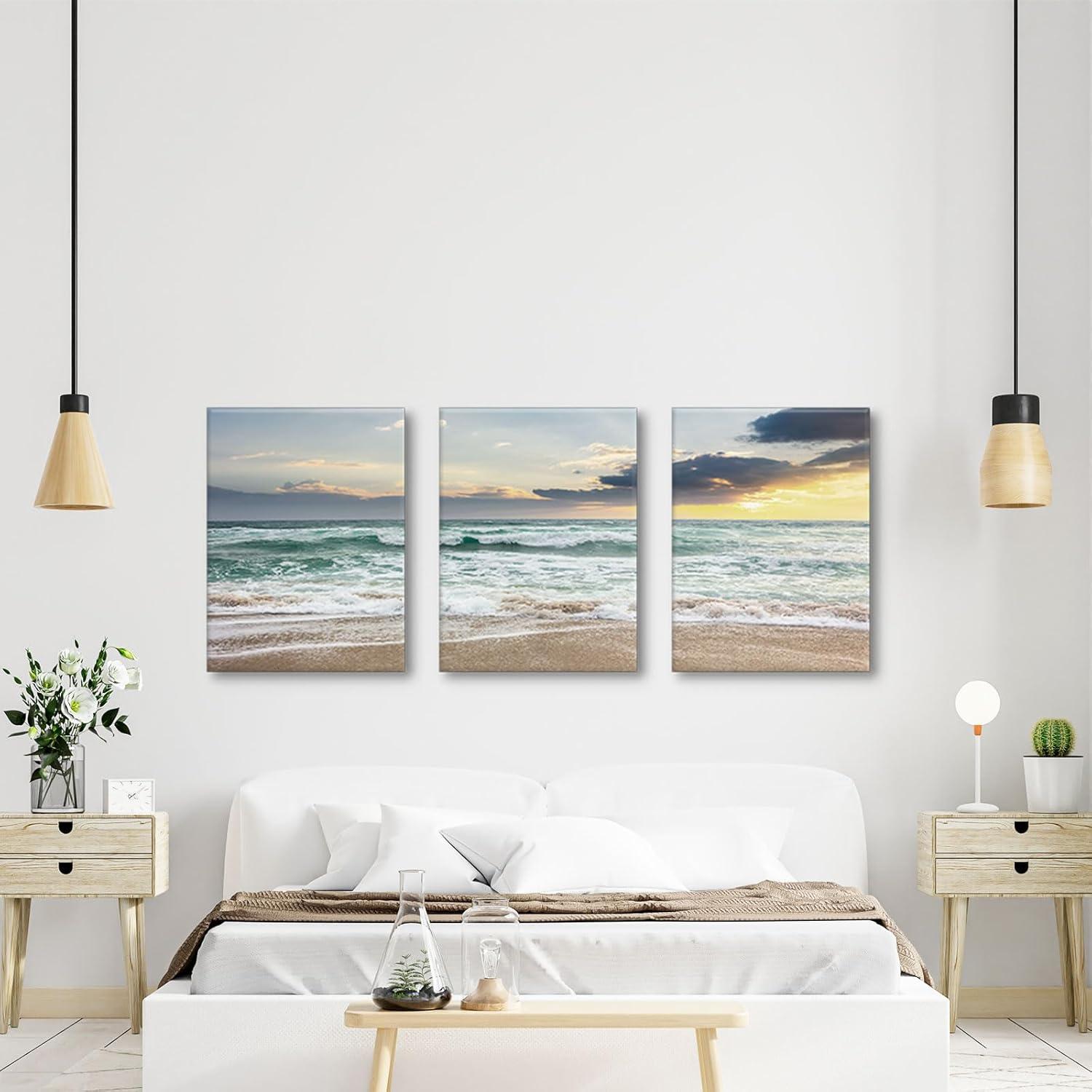 Asdg12s-3 Panel Wall Art Blue Sea Sunset White Beach Painting The Picture Print On Canvas Seascape The Pictures for Home Decor Decoration,Ready to Hang
