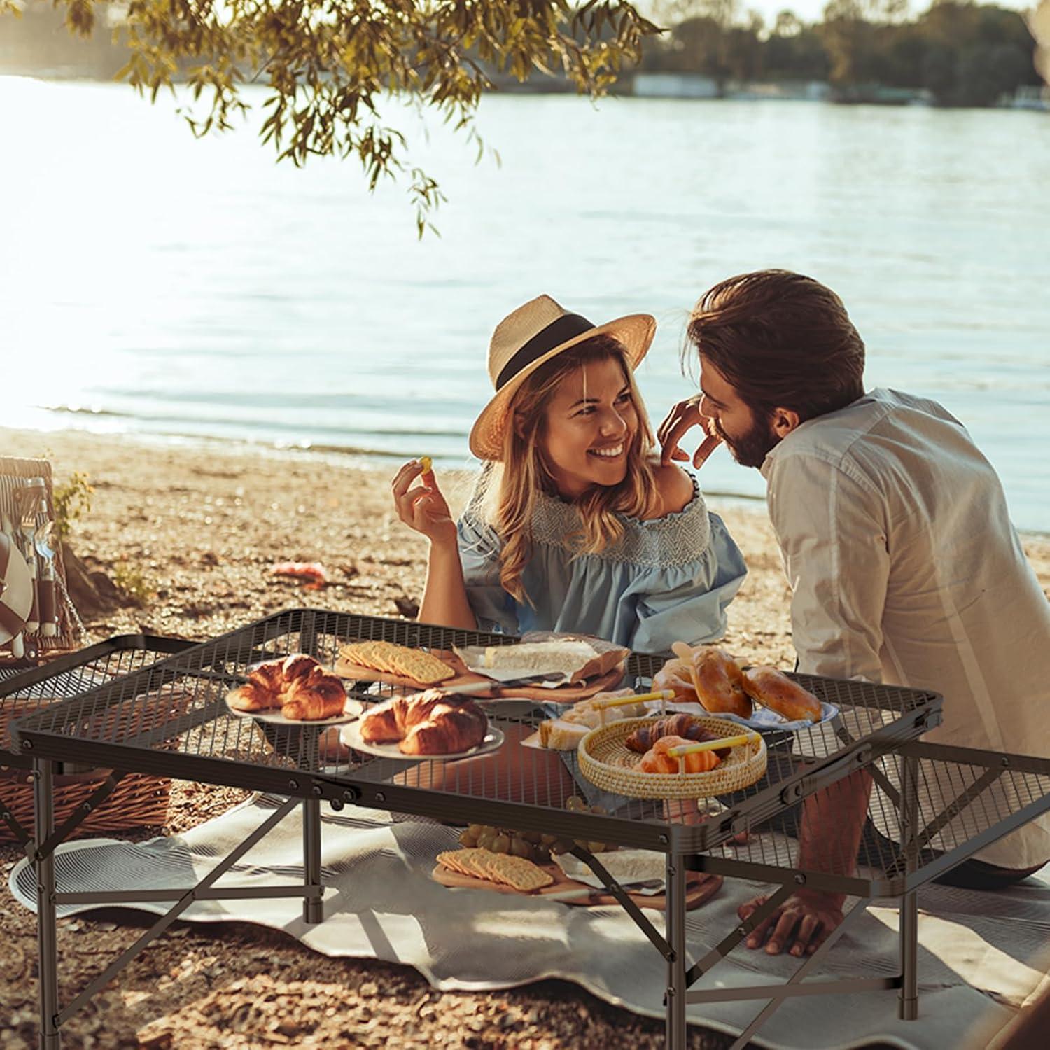 Black Metal Folding Camping Table with Mesh Panels