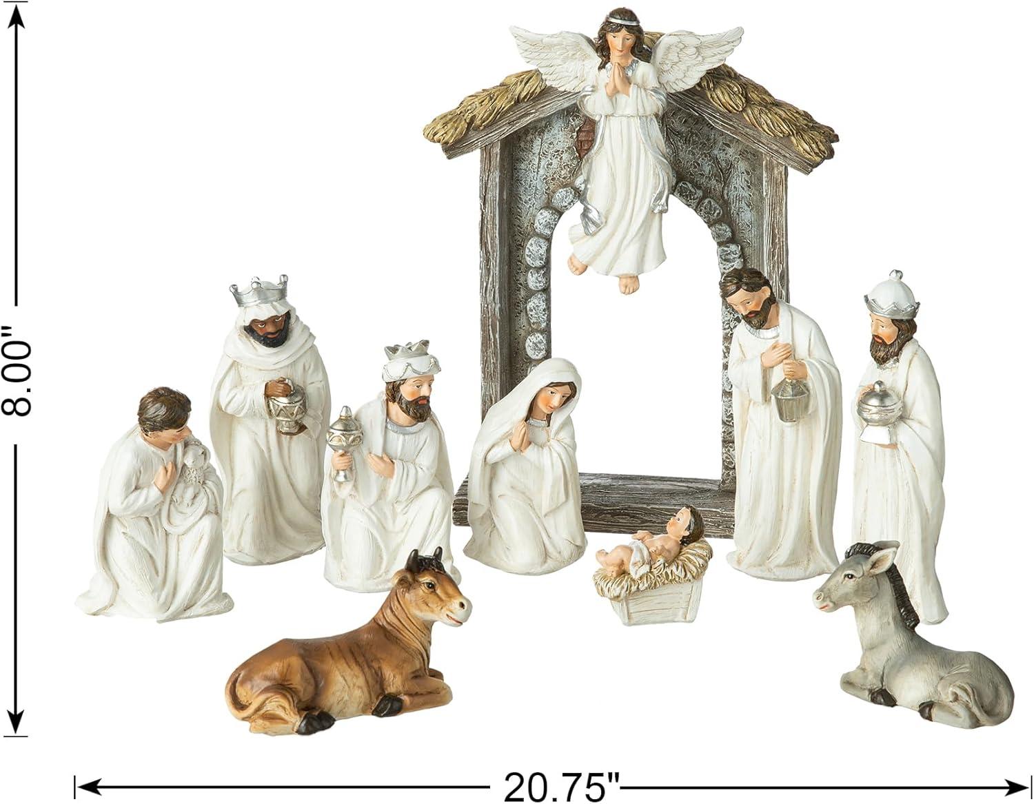 Ivory Resin Nativity Scene Set with Angel and Holy Family