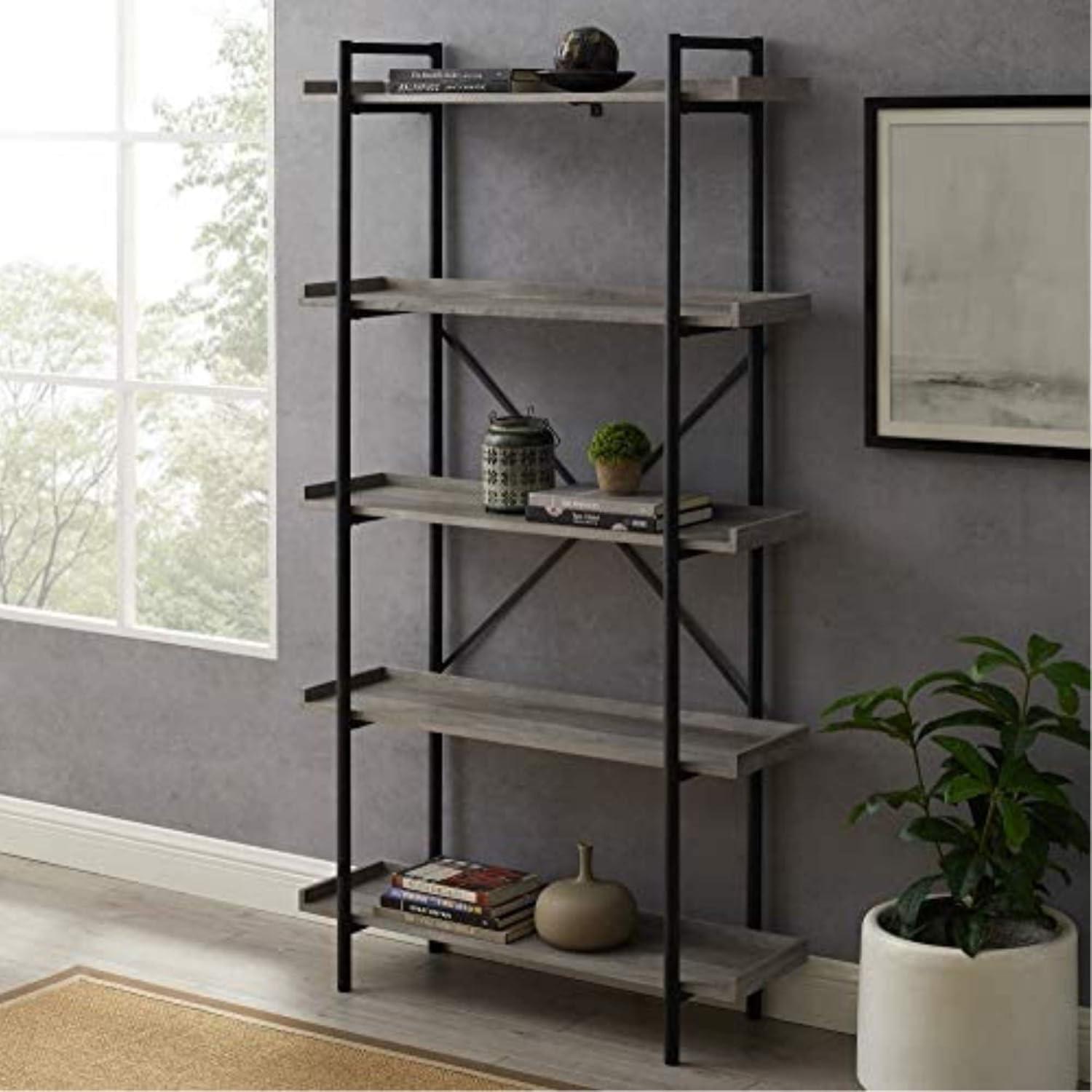 Urban Gray Wash 68" Industrial Metal 5-Shelf Bookcase