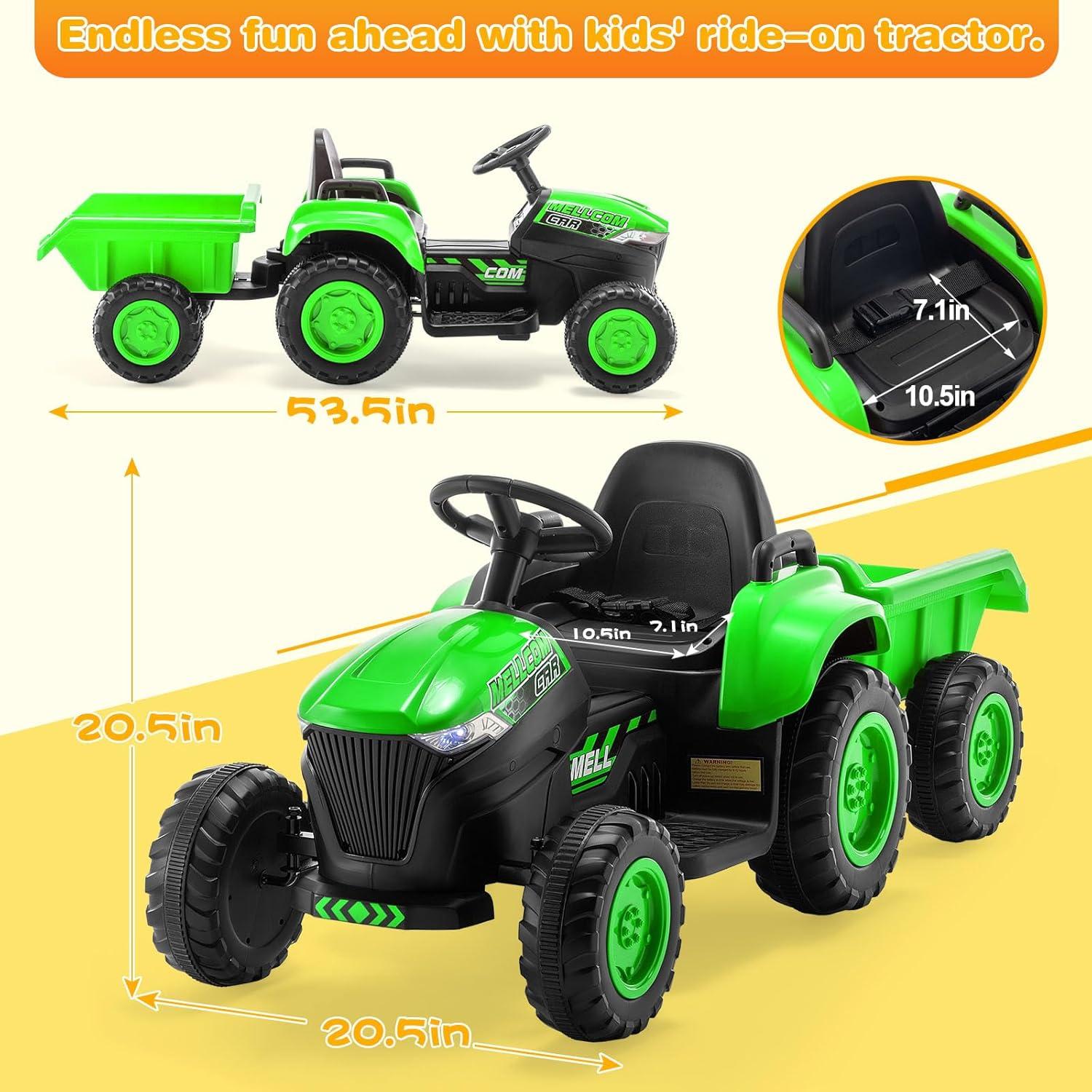 Erommy Kids Ride on Tractor with Remote Control, 12V Battery Powered Electric Tractor with 30W Dual Motors/Cool Lights/Bluetooth Music for Kids, Green