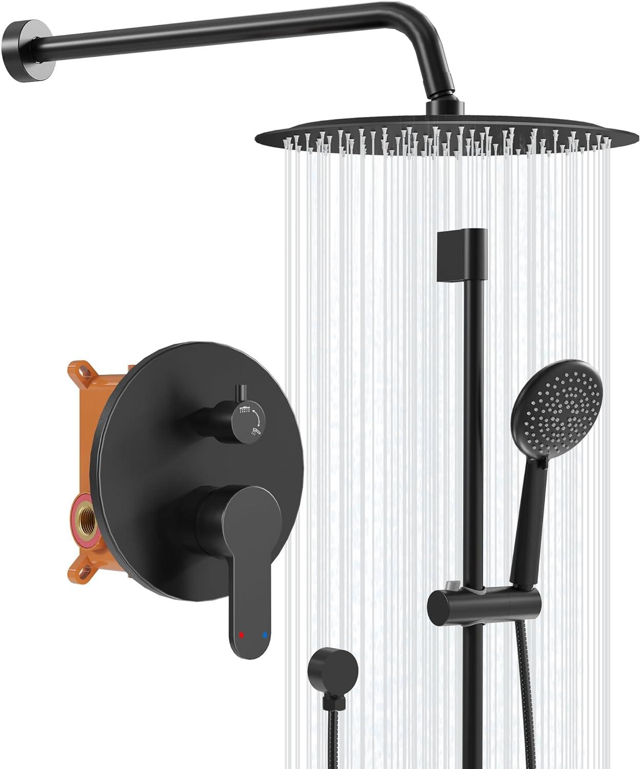 Shower System Shower Faucet Sets for Bathroom with High Pressure 10-inch Rain Shower head and Handheld Shower Head and Brass Valve Inclued, Matte Black