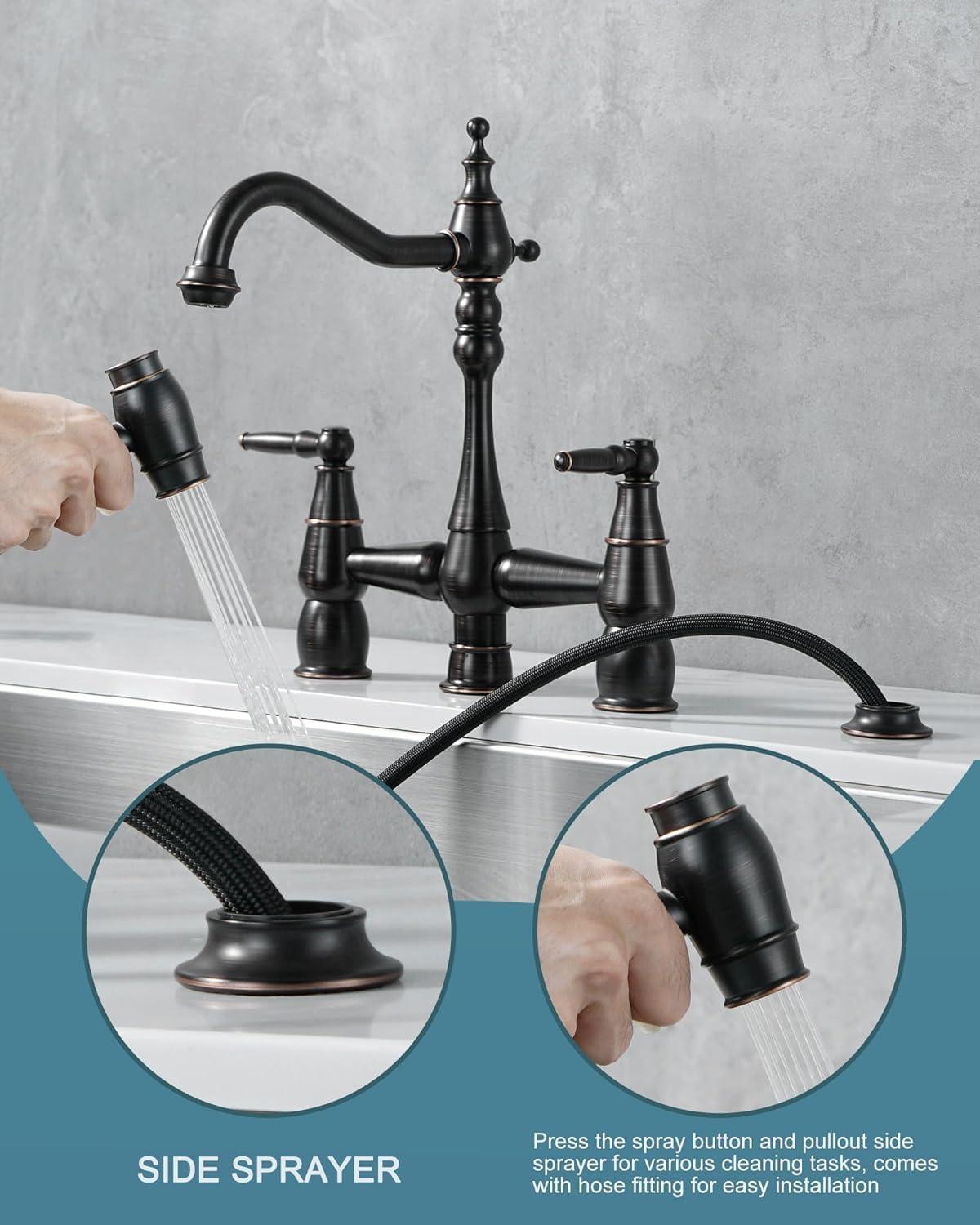 Oil Rubbed Bronze Bridge Kitchen Faucet with Side Sprayer