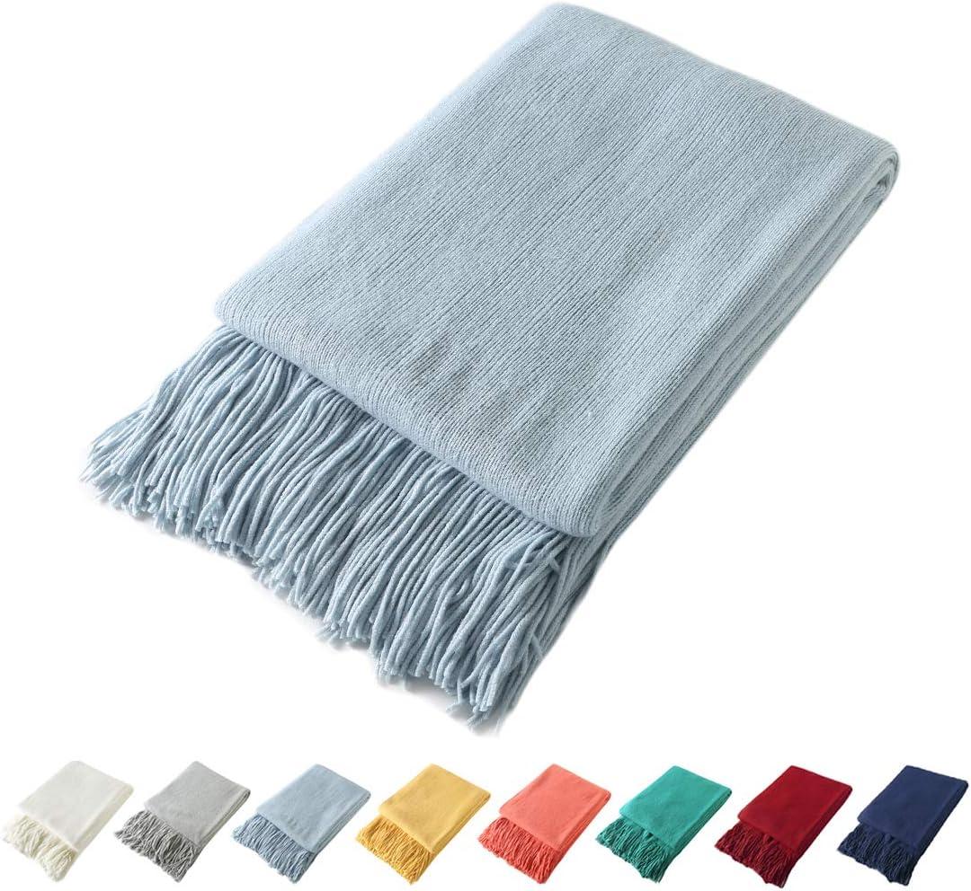 Light Blue Knitted Wool Throw Blanket with Tassels