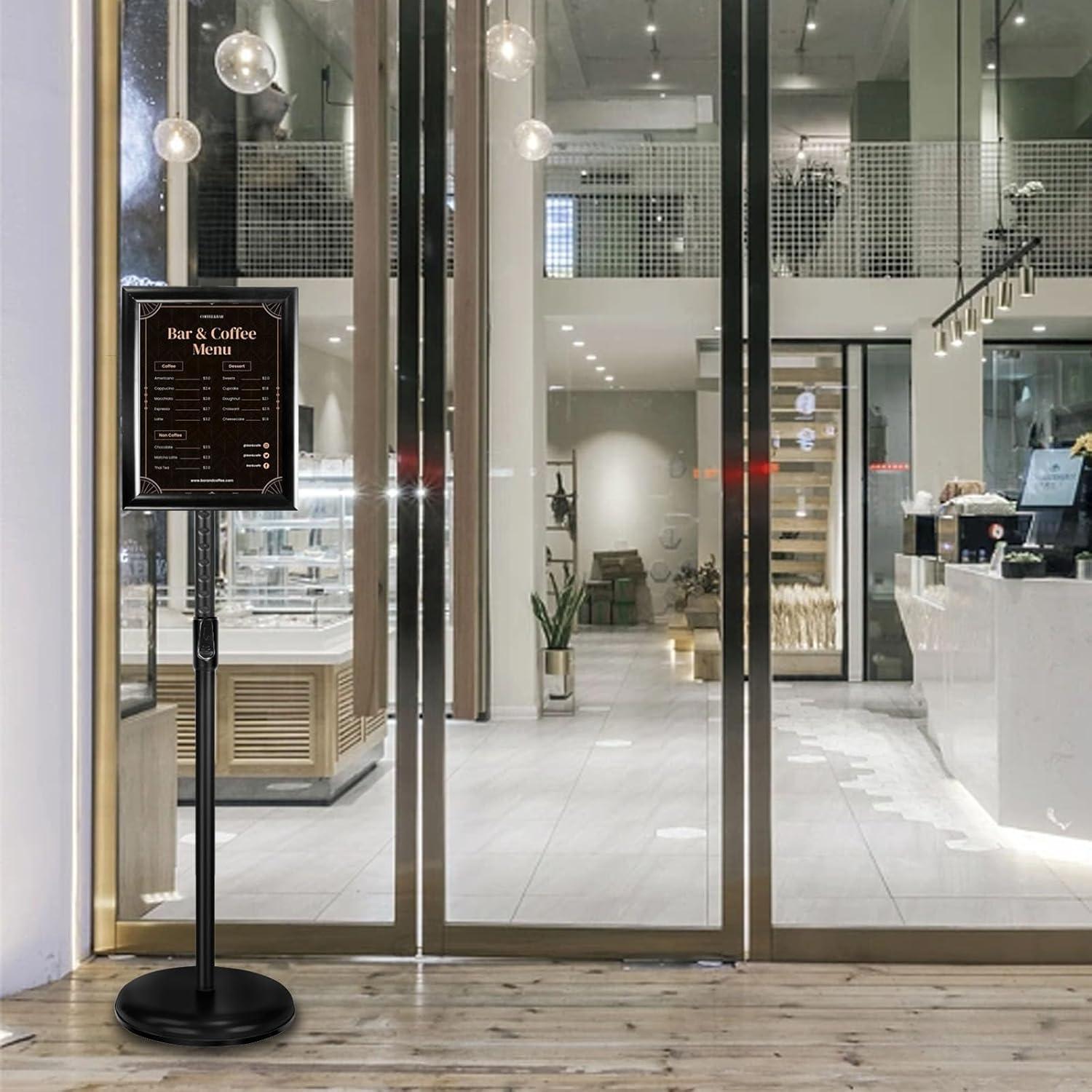 Adjustable Sign Holder Stand 8.5x11 inch,Pedestal Floor Signage Standing Holder with Heavy Duty Base, Aluminum Snap Open Frame Display for Business Restaurant, Mall,Schools-1 Pack