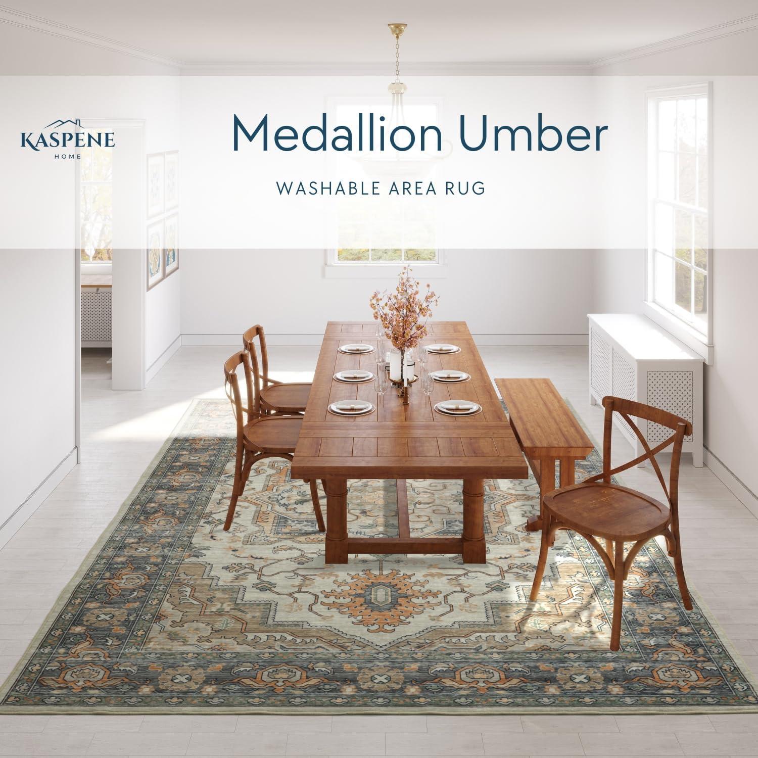 Umber Washable Medallion Rug in Cider Brown and Blue, 5x8