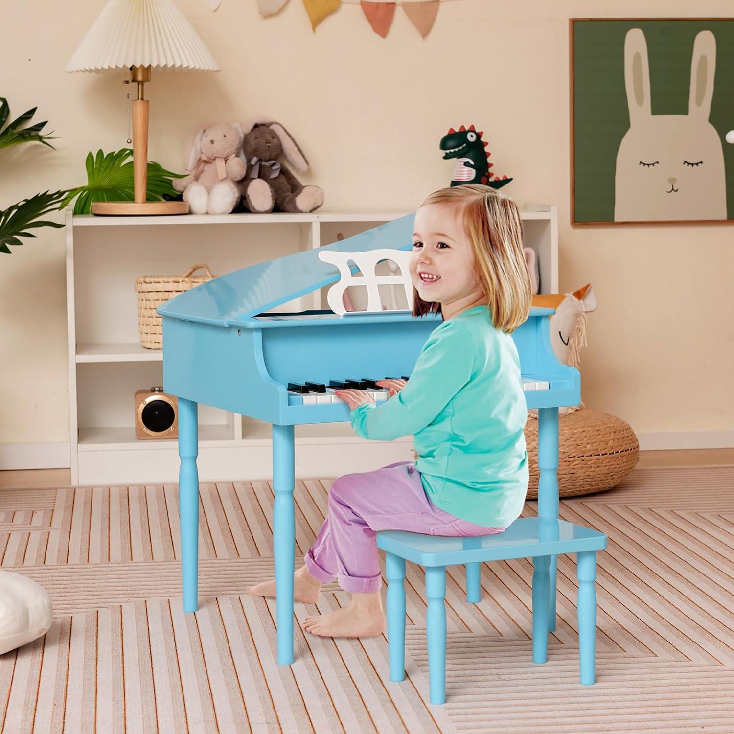Costway 30-Key Classic Baby Grand Piano Toddler Toy Wood with Bench & Music Rack Blue