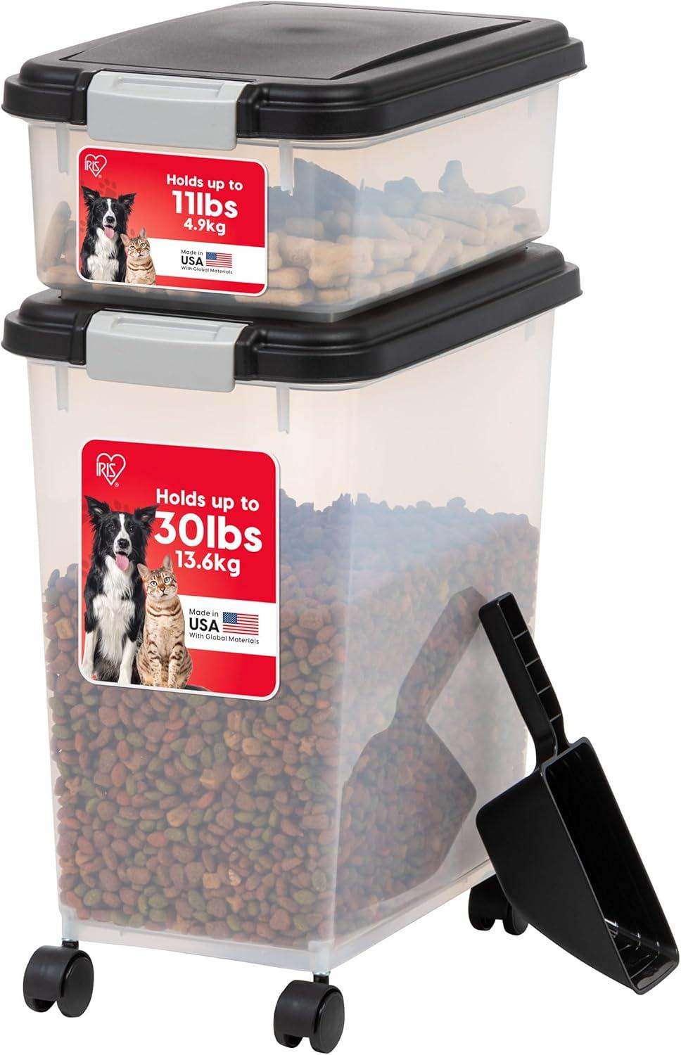 IRIS USA 30 lbs & 11 lbs Combo Airtight Dog Food Storage Container, Stackable Treat Box, 2-Cup Scoop, Casters, Keep Fresh, Easy Mobility, Black