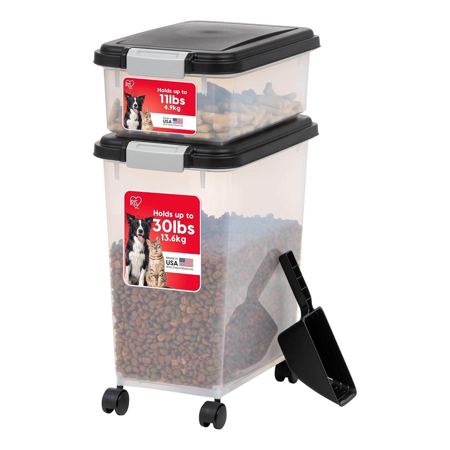 IRIS USA 30 lbs & 11 lbs Combo Airtight Dog Food Storage Container, Stackable Treat Box, 2-Cup Scoop, Casters, Keep Fresh, Easy Mobility, Black
