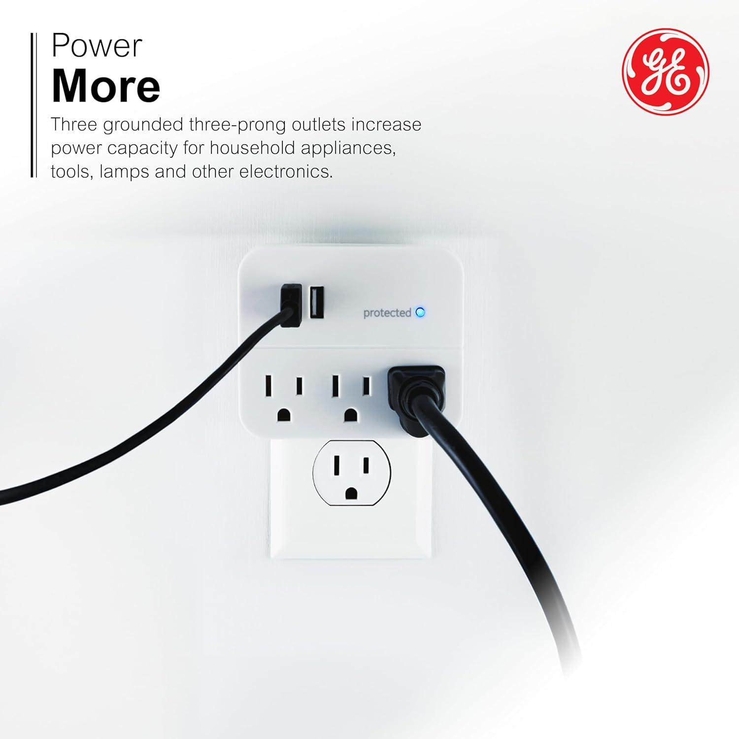 GE 3-Outlet Surge Protector Tap with USB Charging, White - 14512