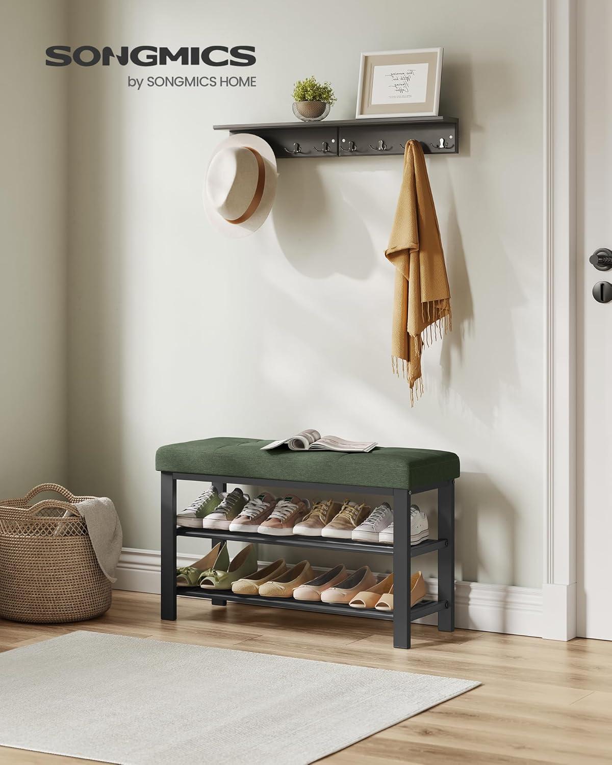 Forest Green and Black Upholstered Shoe Storage Bench