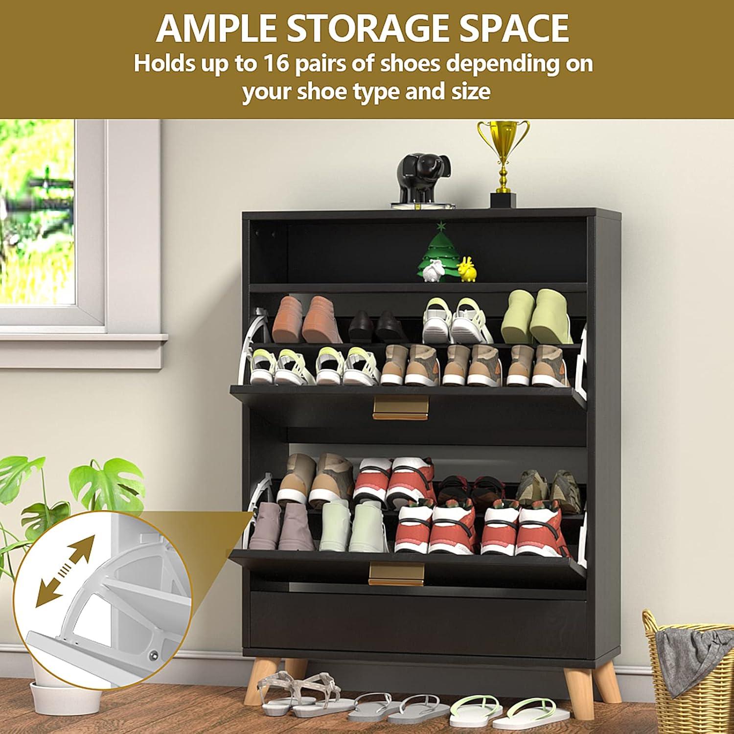 Shoe Storage Cabinets, 16 Pairs Free Standing Shoe Organizer with 2 Flip Drawers for Entryway, Narrow 3 Tier Entryway Hidden Shoe Rack with Doors (Dark Black)