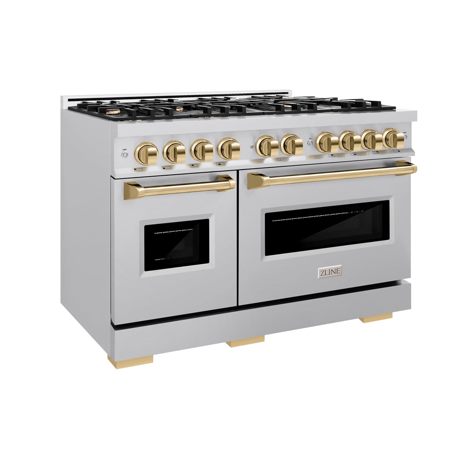 ZLINE ZLINE Autograph Edition 48 in. 6.7 cu. ft. Classic Double Oven Gas Range W/ 8 Burner Cooktop in Stainless Steel & Matte Black Accents (CGRZ-48-MB) CGRZ-48-G