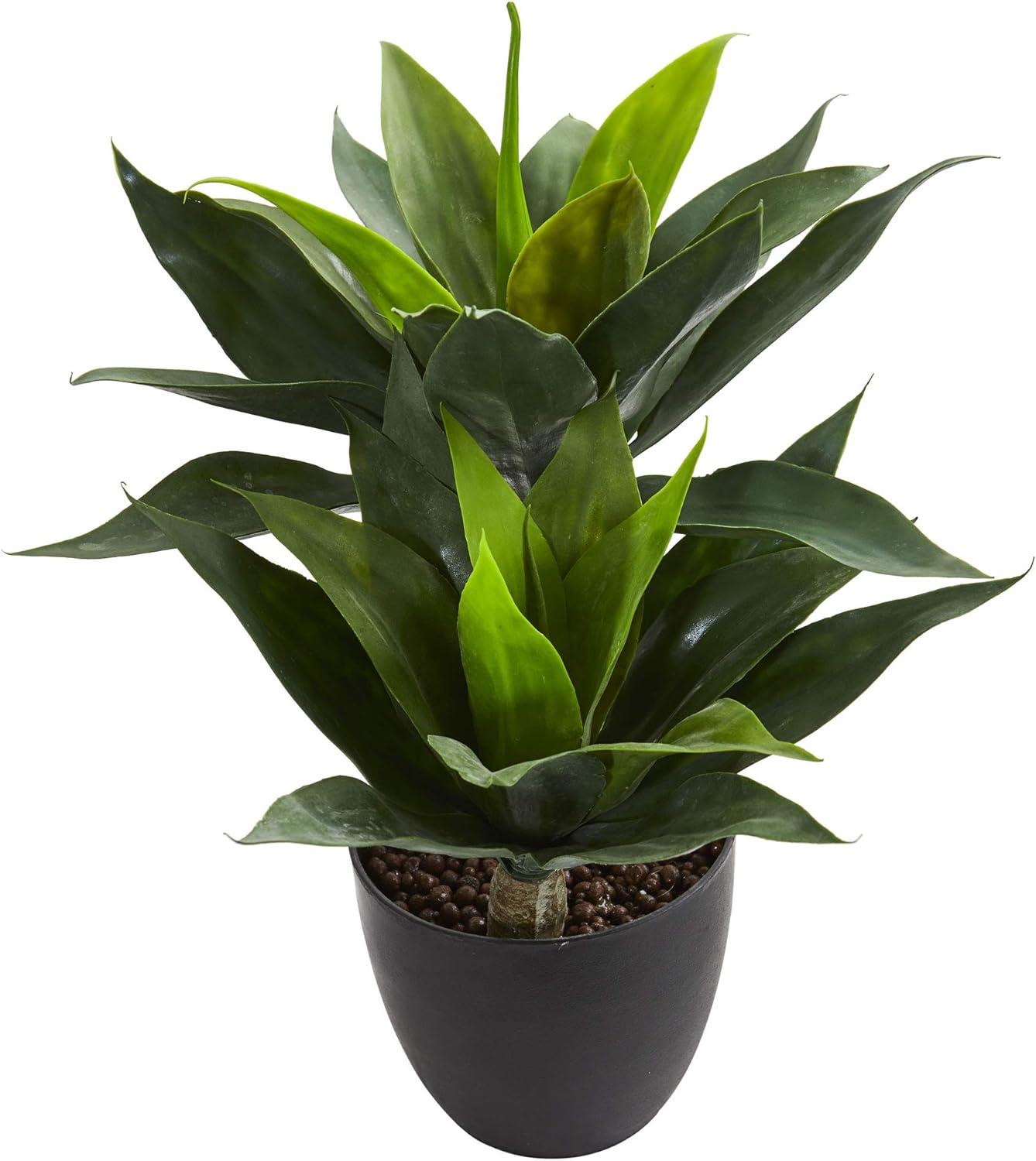 Nearly Natural 21" x 16" Artificial Agave Plant in Decorative Pot Black: Indoor Faux Foliage, Stoneware Planter