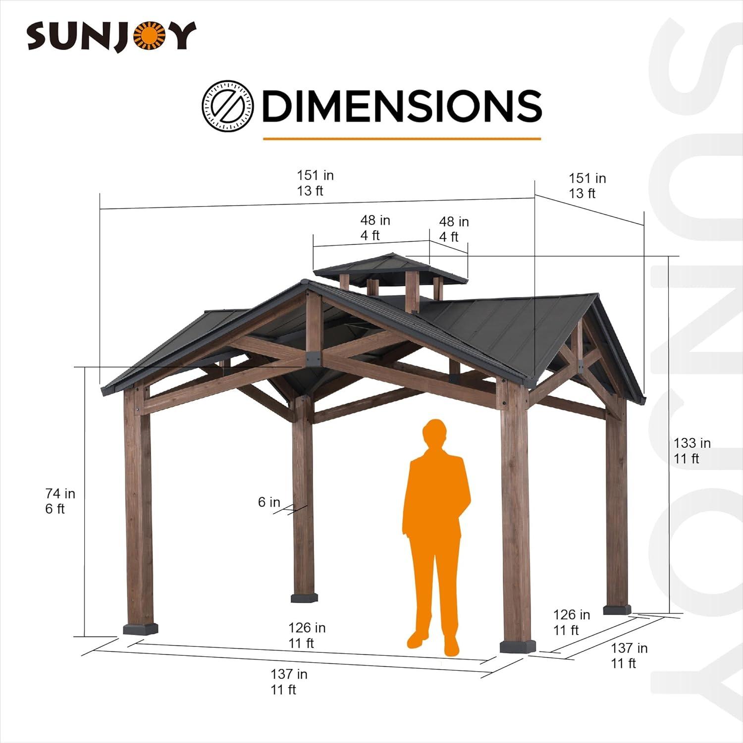 Sunjoy 12.5 x 12.5 ft. Hardtop Gazebo Outdoor Cedar Frame Wood Gazebo with Steel 2-Tier Hardtop Roof and Ceiling Hook