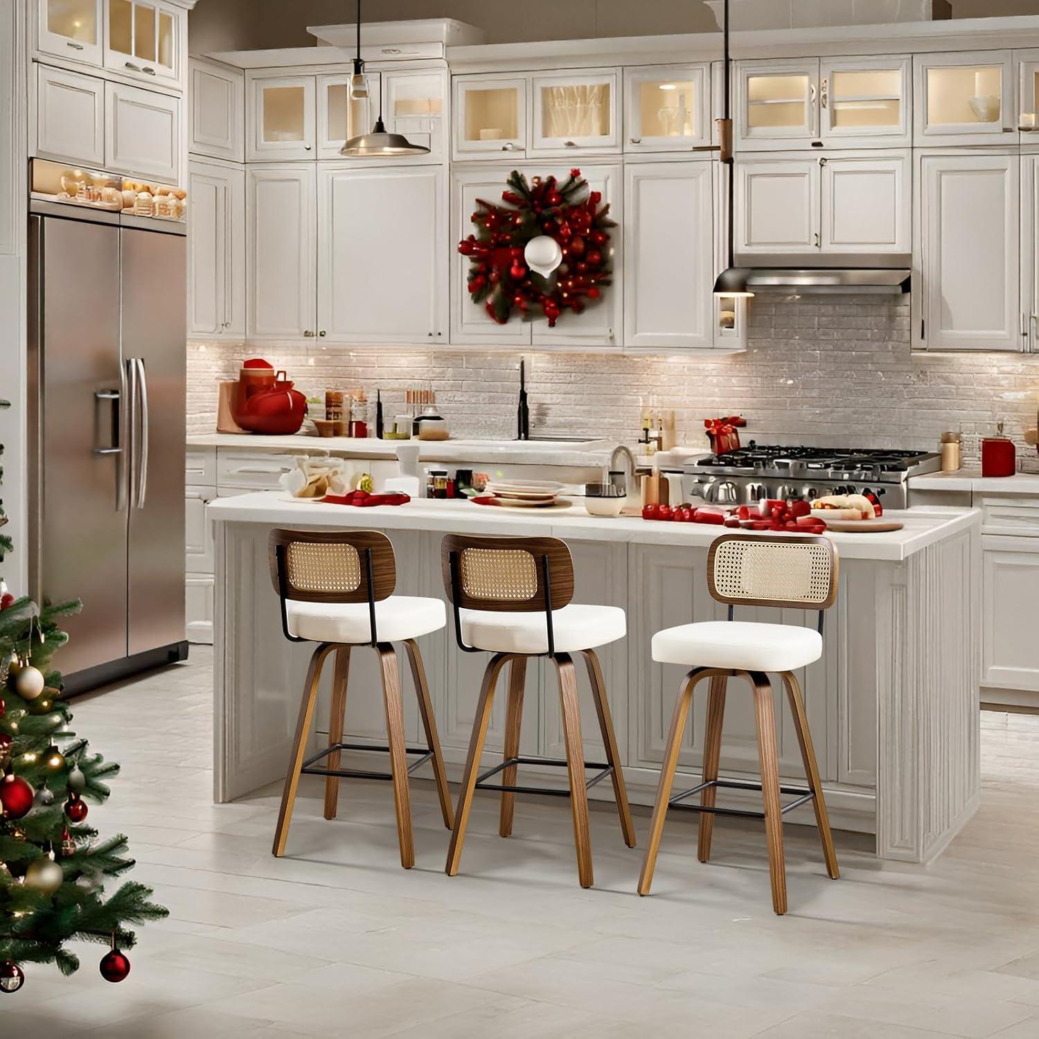 INKEDZ Swivel Counter Height Bar Stools Set of 3, Upholstered Faux Leather Barstools with Rattan Back, 26" Seat Height Bar Chairs for Kitchen Island, Bentwood Wood Frame, Cream White